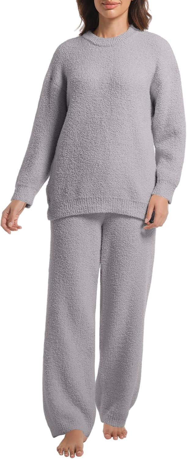 2 Piece Fleece Pajamas for Women Set Loungewear Outfits Knit Sweater Womens Long Sleeve Fuzzy Pajama Sets - Image 2