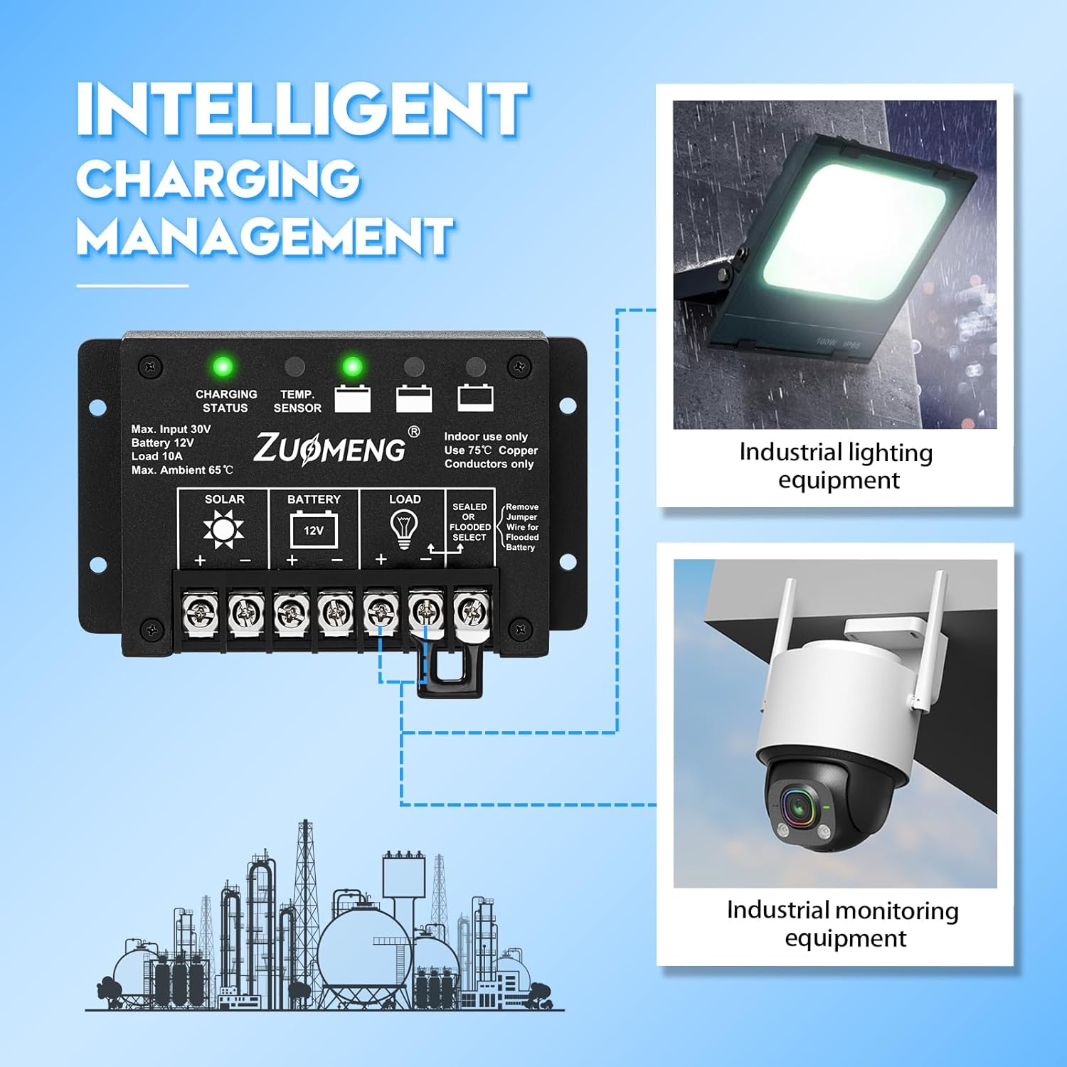 10A PWM Solar Charge Controller for 12V Lead-Acid Battery to Extend Battery Life, with Explosion-Proof Metal Housing, IP68, 4-Stage Charging, LVD, Temp Compensation, for Harsh Industrial Use