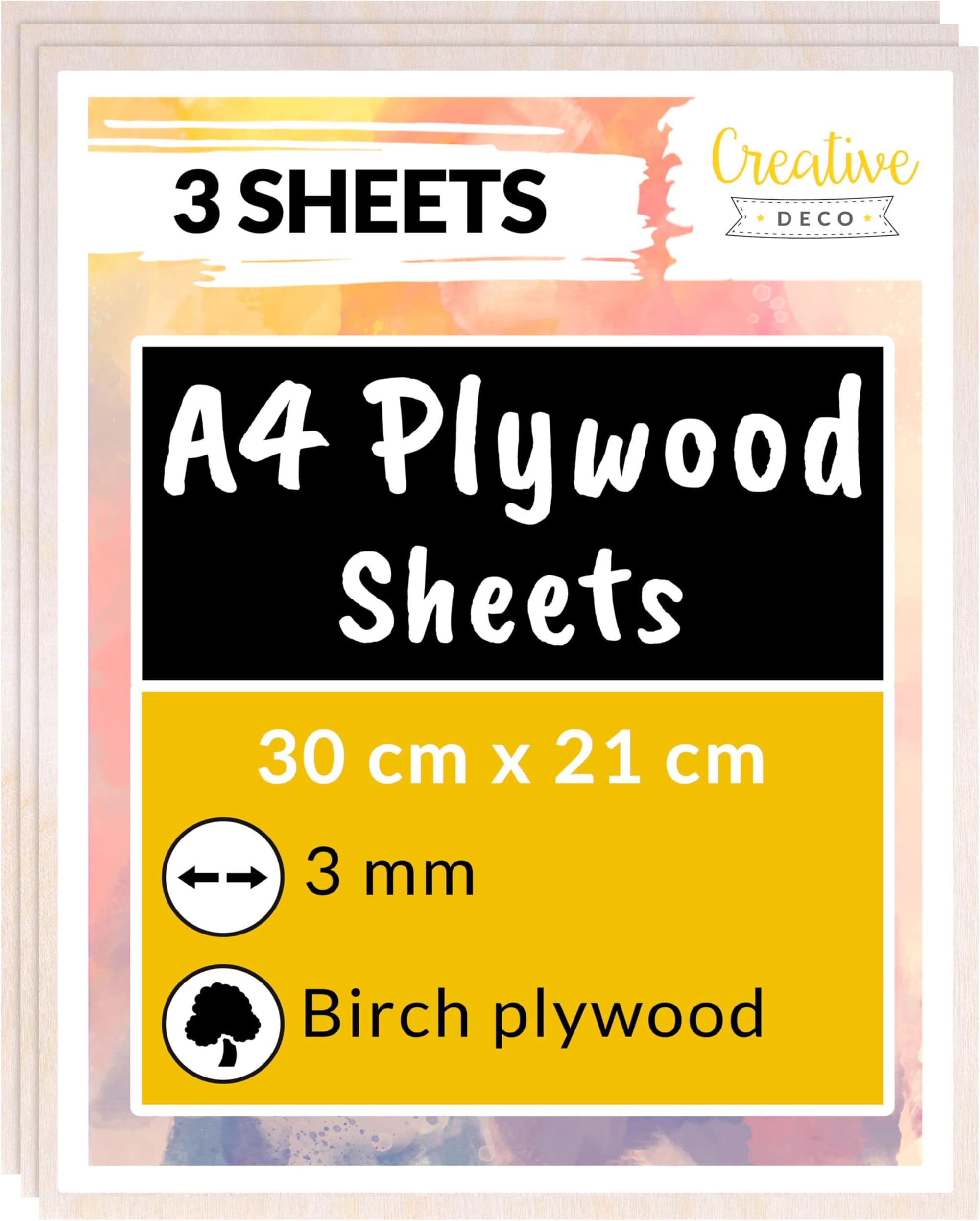 Creative Deco 3 x A4 Birch Plywood Sheets | 300 x 210 x 3mm (+/-2mm) Baltic Wood Ply | Perfect Laserable Board for Wood DIY Home Decor Arts Craft Painting Laser Cutting CNC Stenciling Pyrography