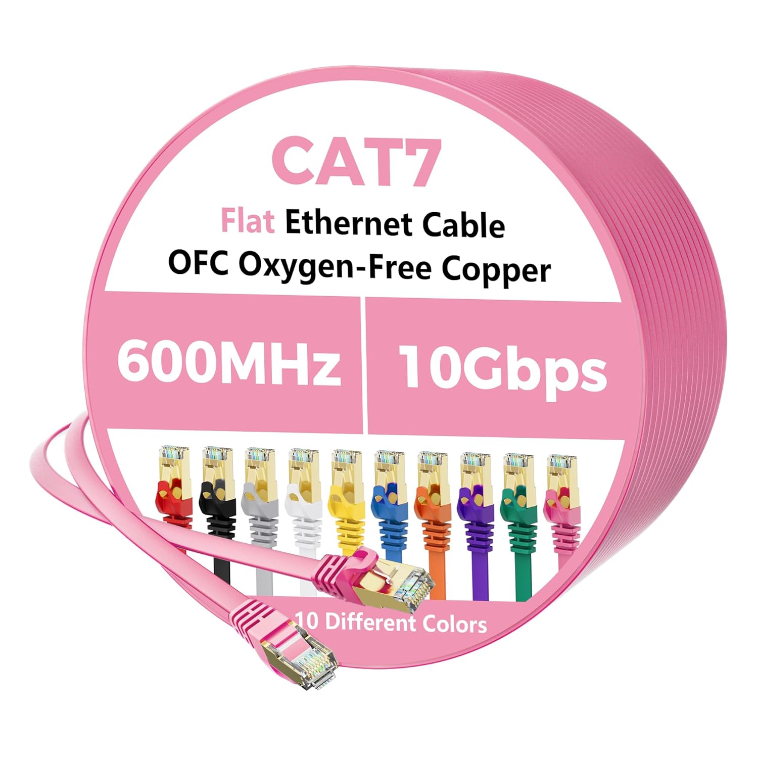 Cat 7 Ethernet Cable 100FT, Flat 10Gbps High Speed Internet Cord, STP Shielded, Pure Copper, Flexible CAT7 RJ45 LAN Network Cable, Compatible with PC, Laptop, PS5, Xbox Modem, Router, PoE, Pink Cable