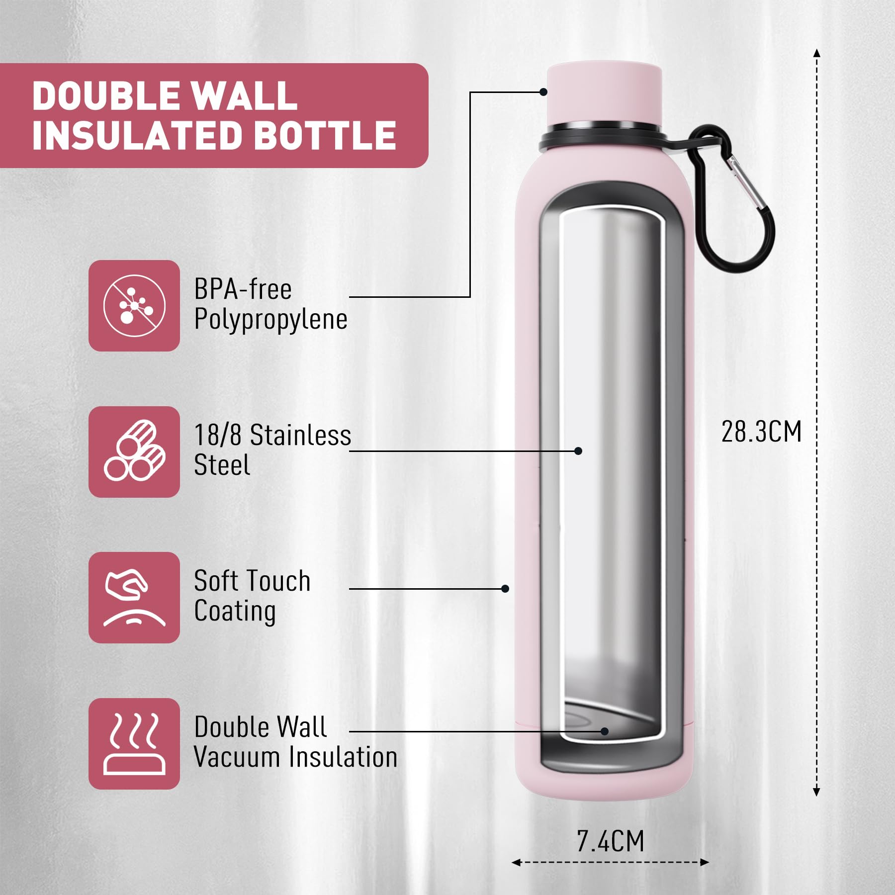 Exllena Insulated Water Bottles 750ml with Clip, Double Wall Vacuum Drinks Bottle Keeps Drinks Cold 24 Hrs/Hot 12 Hrs - Image 2