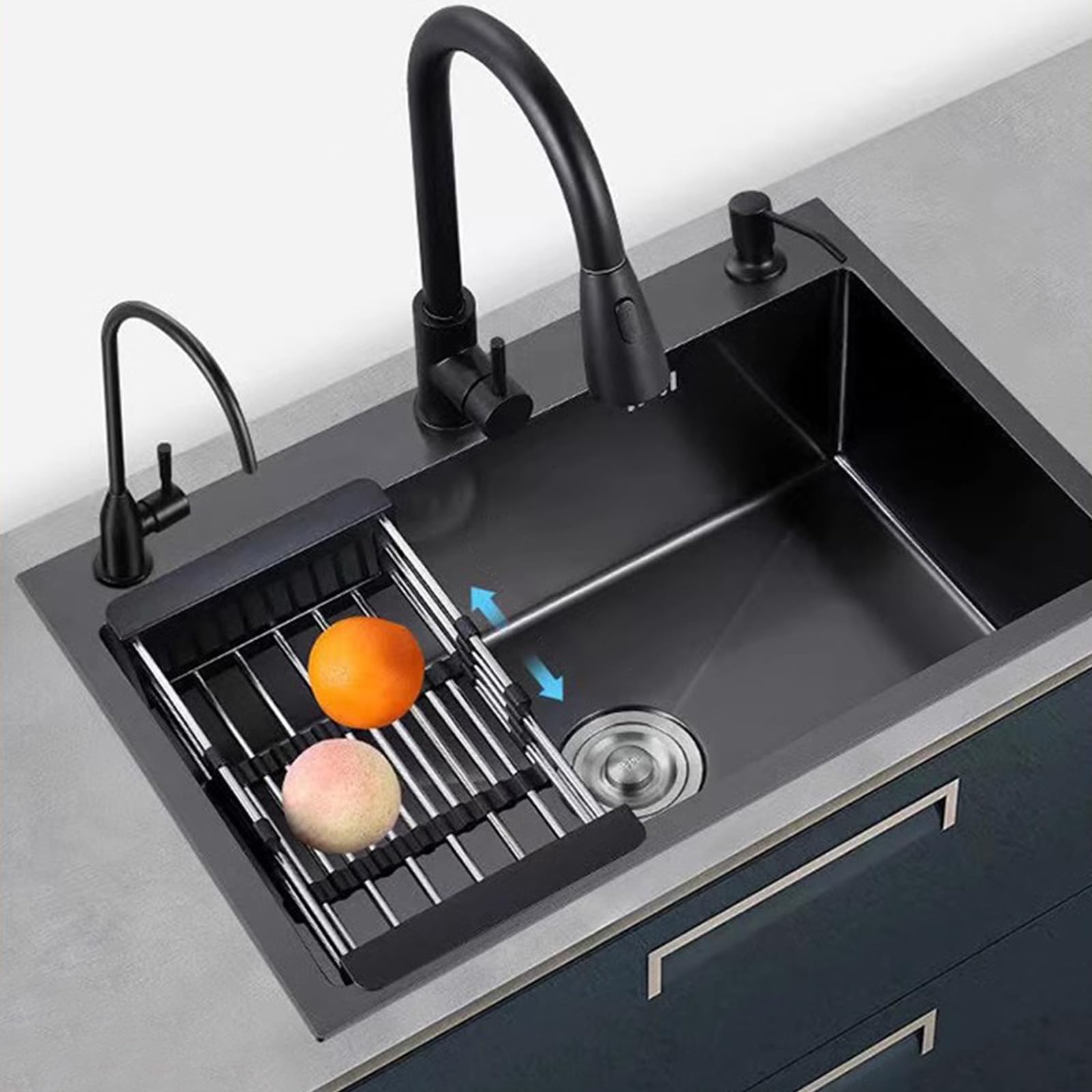 Fregadero de cocina de acero inoxidable, grifo extraíble negro, fregadero de una sola taza, accesorios completos (80 x 50 x 20 cm)