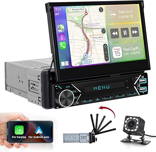 Estéreo de coche de un solo DIN con Carplay inalámbrico y Android Auto Radio de coche con pantalla táctil automática de 7 pulgadas BluetoothMirror