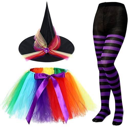 SATINIOR Halloween Witch Costume for Women Hat Tutu Skirt and Striped Tights for Girls