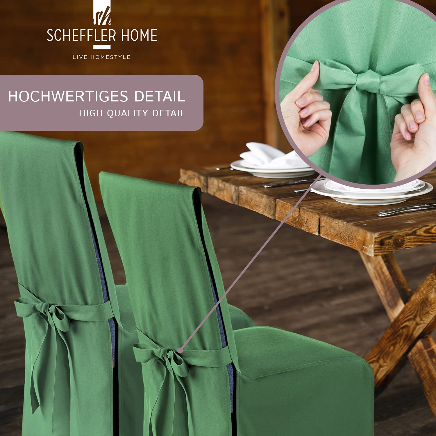 SCHEFFLER-Home Stuhlhusse Mila 6er Set/Festlicher Stuhlbezug mit Schleife für Weihnachten, Hochzeit, Geburtstag/Elegante Bankett-Husse für jeden Anlass und Stuhl/Für Esszimmer, Wohnzimmer/Beige