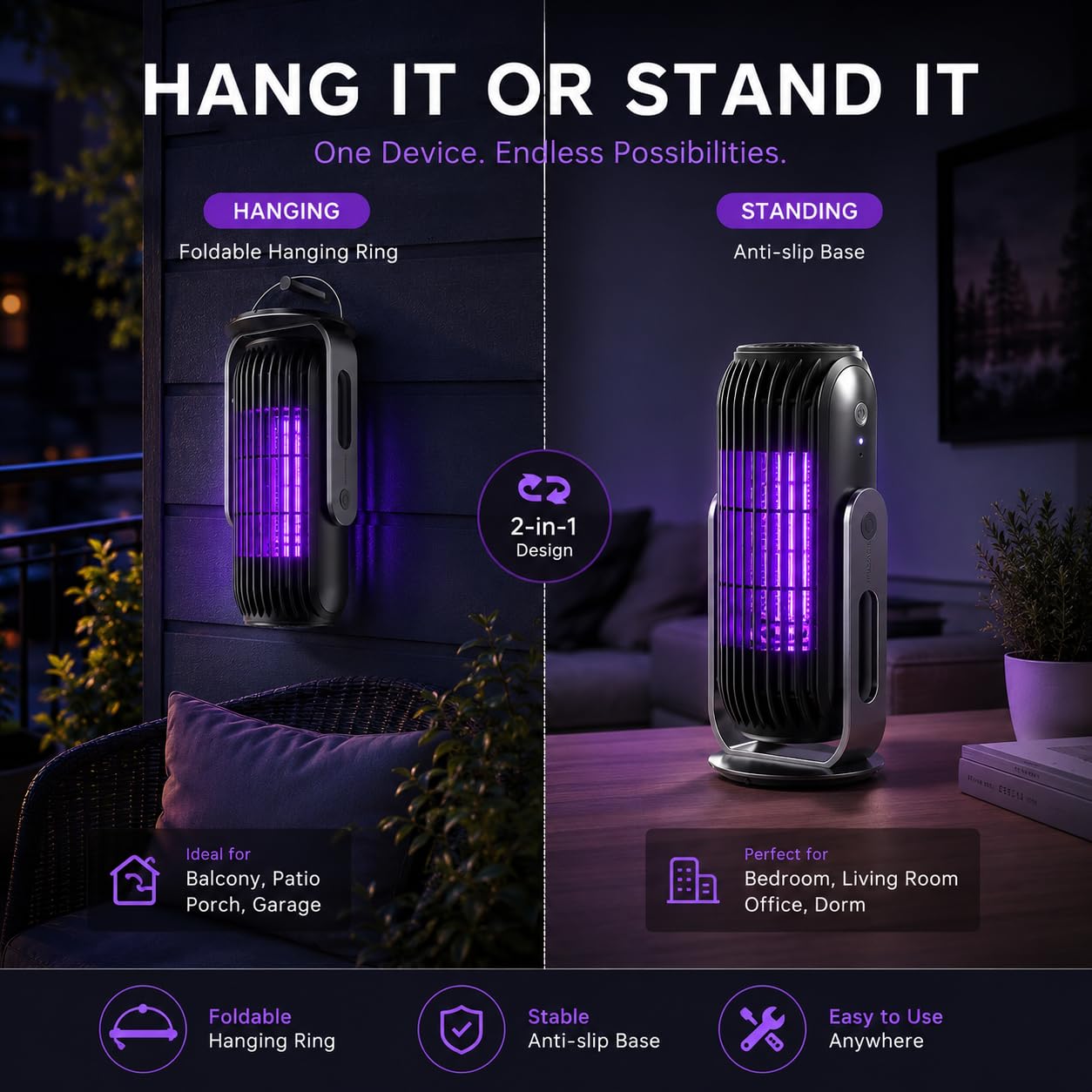 Bug Zapper Indoor Outdoor Moskito Zapper mit LED-Licht Effizient Auto On/Off Elektrischer Insektenvernichter Fliegende Falle Töten Motten/Mücken/Fliegen für Zuhause, Terrasse, Büro, Innenhof (Schwarz)