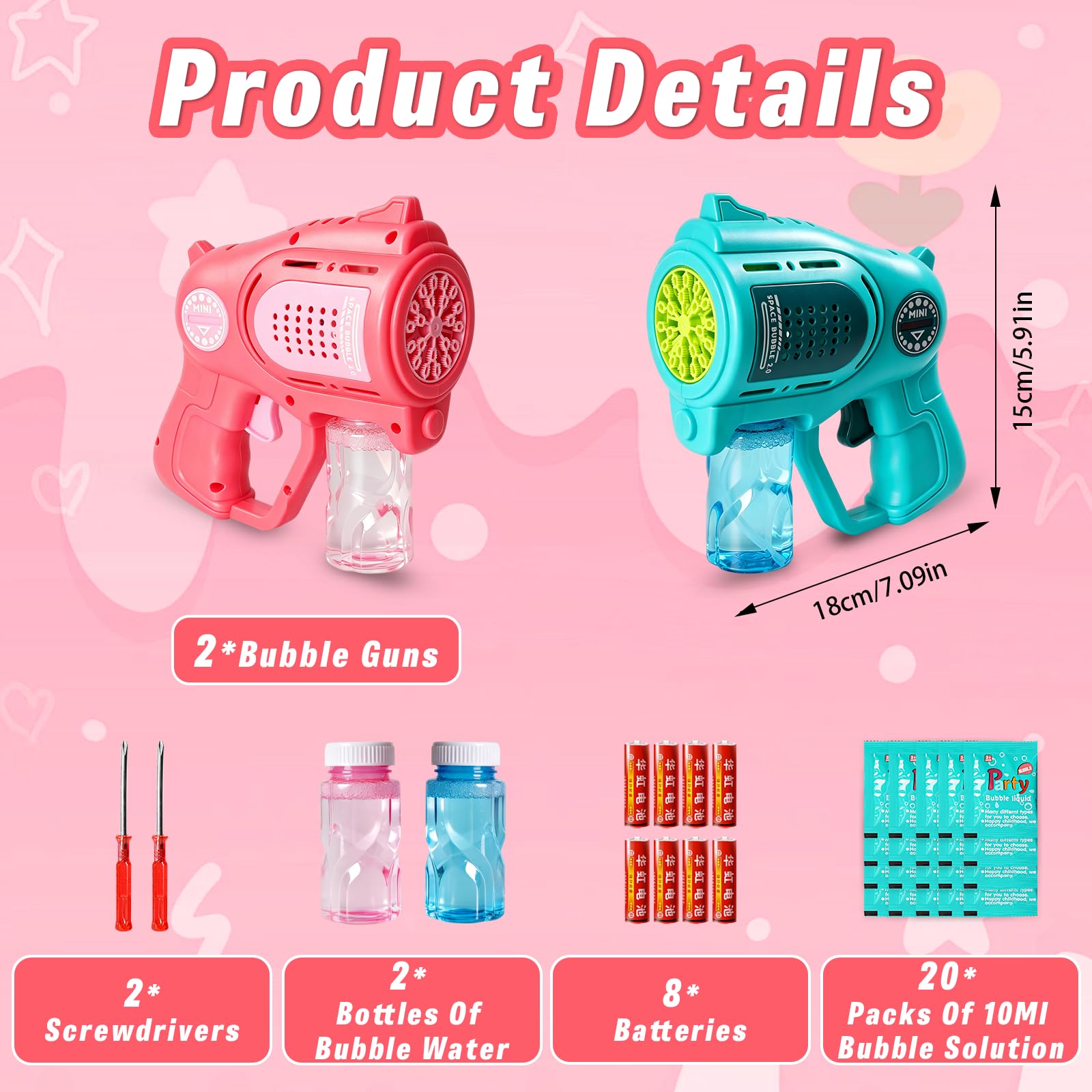 2 Piezas Pistolas de Burbujas para Niños, pompas de jabon niños con 2 x 100ml Solución de Recarga de Burbujas e Lámpara LED, Juguete de Verano para Actividades al Aire Libre, Fiestas y Bodas
