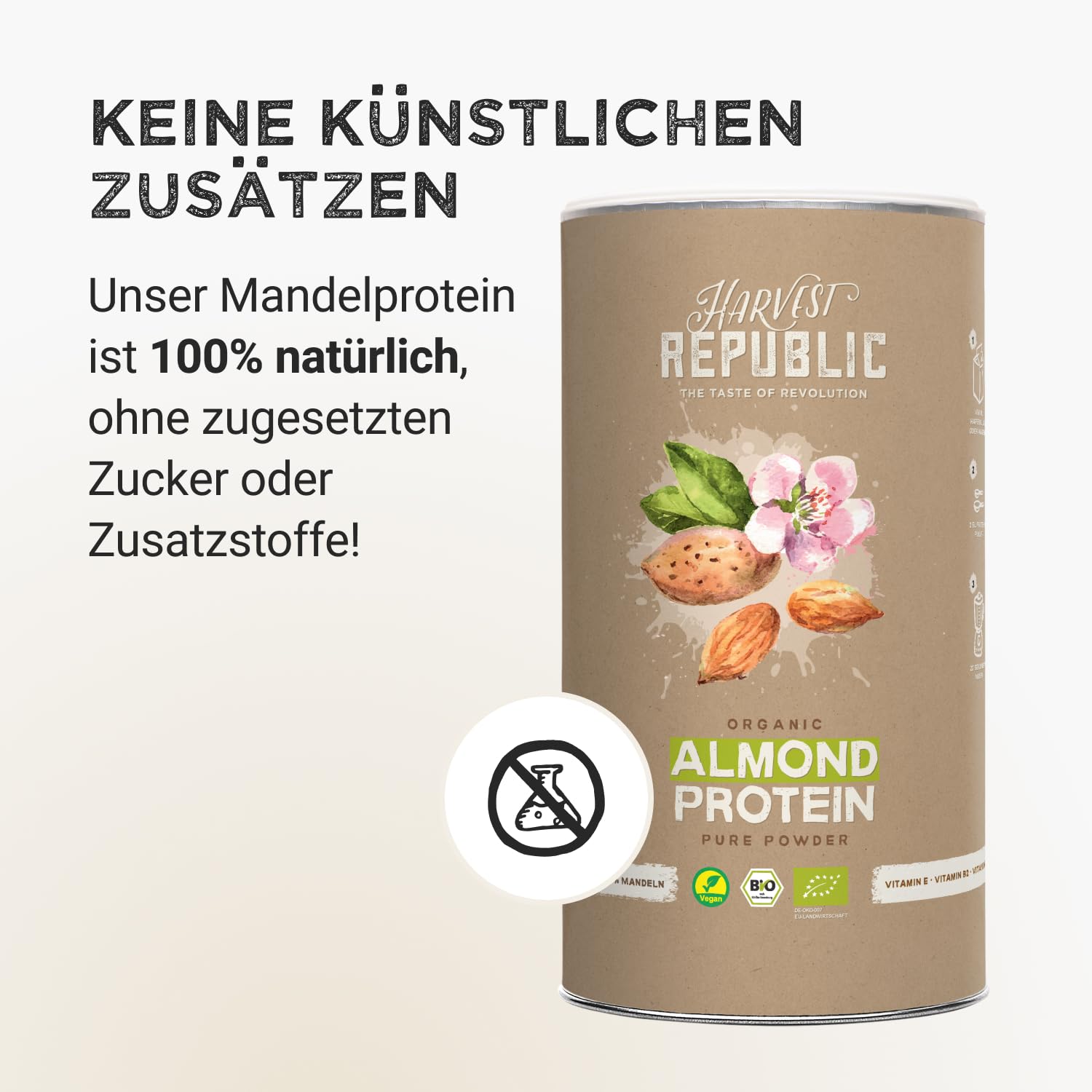 HARVEST REPUBLIC Veganes Proteinpulver Natur | 550 g Protein Pulver auf Mandelbasis | bis zu 13,8 g Protein pro Portion | Geschmacksneutral | ohne Zusatzstoffe