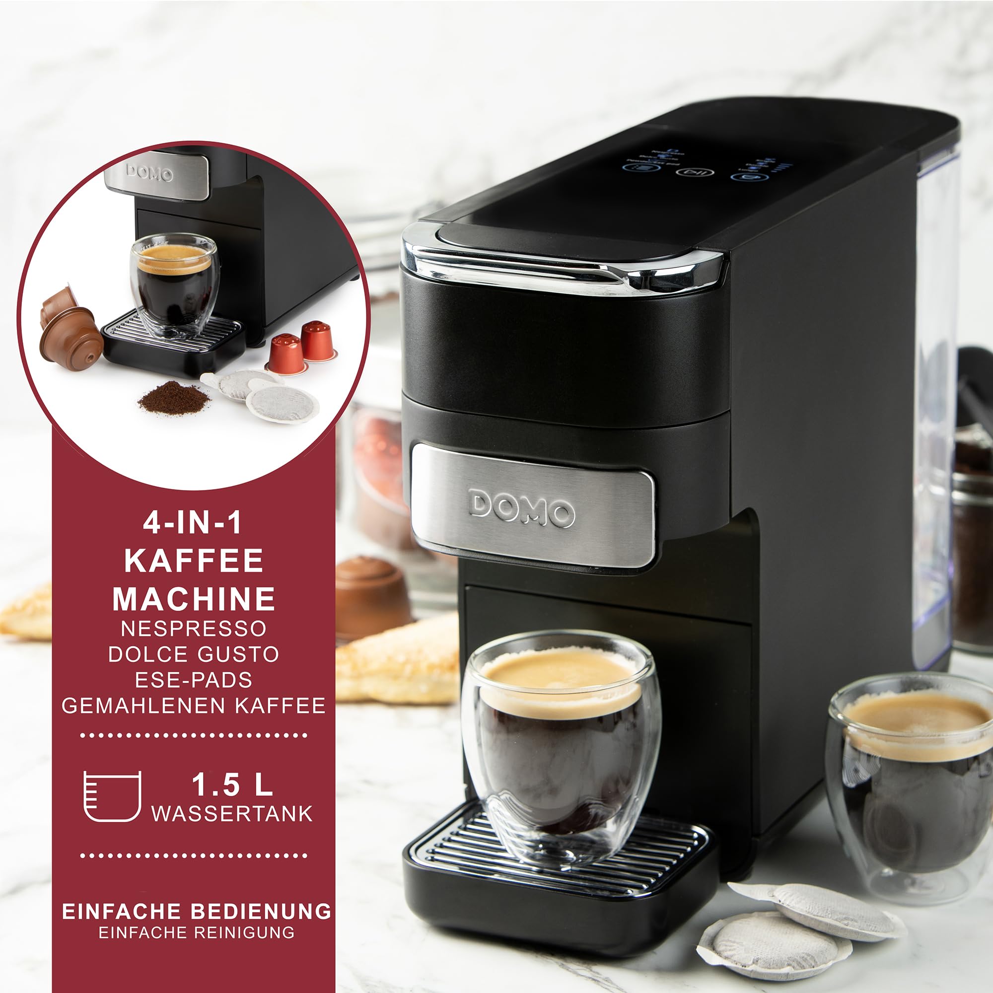 DOMO DO748K Máquina de café de cápsulas 4 en 1 – Cafetera espresso y capuchino para Nespresso, Dolce Gusto, ESE y café molido – Control táctil – Cuchara dosificadora con tamper