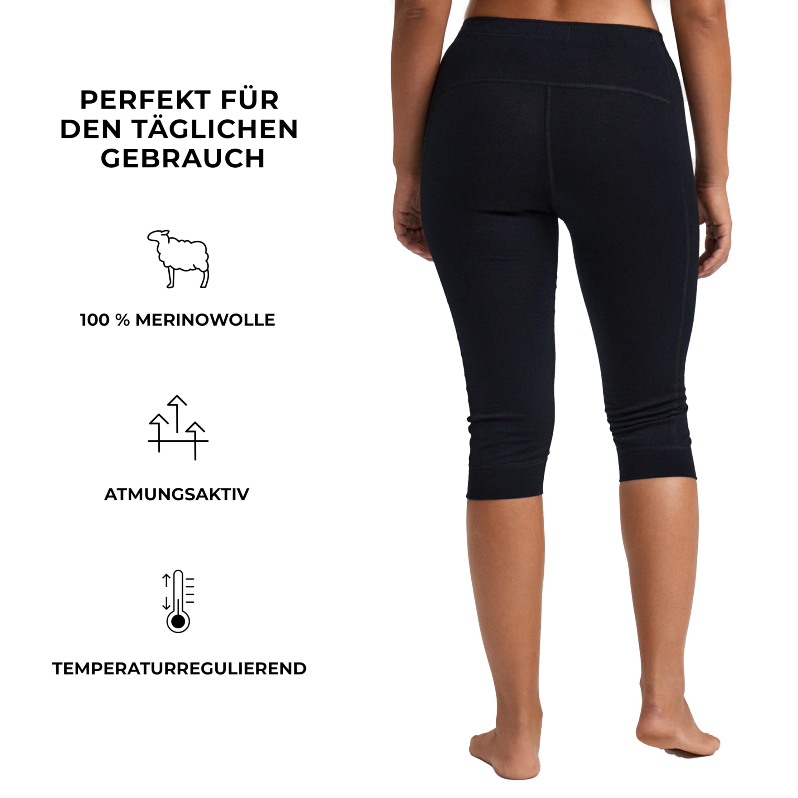 Dilling Damen Merino 3/4 Leggings Single Wool aus 100% Bio Merinowolle Slim Fit Base Layer atmungsaktiv