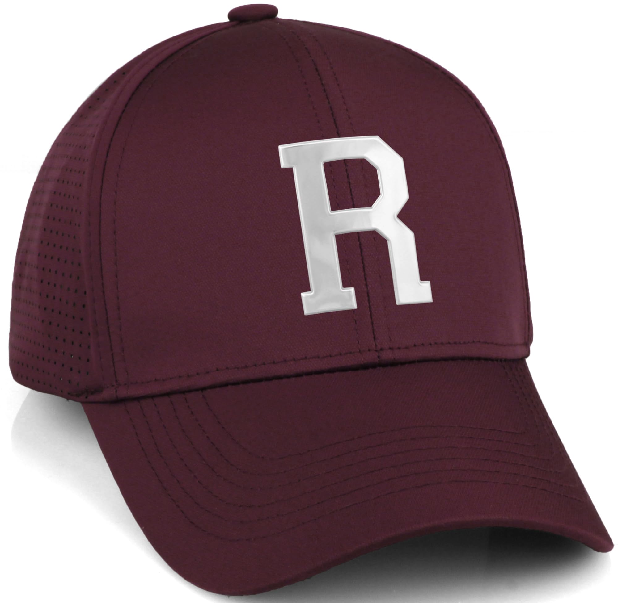 Daxton Performance Cool Tech Baseball Hat - Burgundy Cap, Silver Logo Letter R
