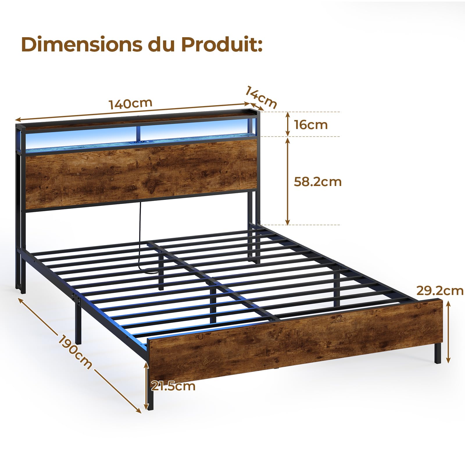 DICTAC lit 140 x 190 avec sommier en Métal, Lit 2 Personnes avec lumières LED et 2Ports USB et 2 Prises de Courant, Cadre de Lits 140x190 avec tête de lit,21.5 cm Espace de Rangement,Marron Vintage