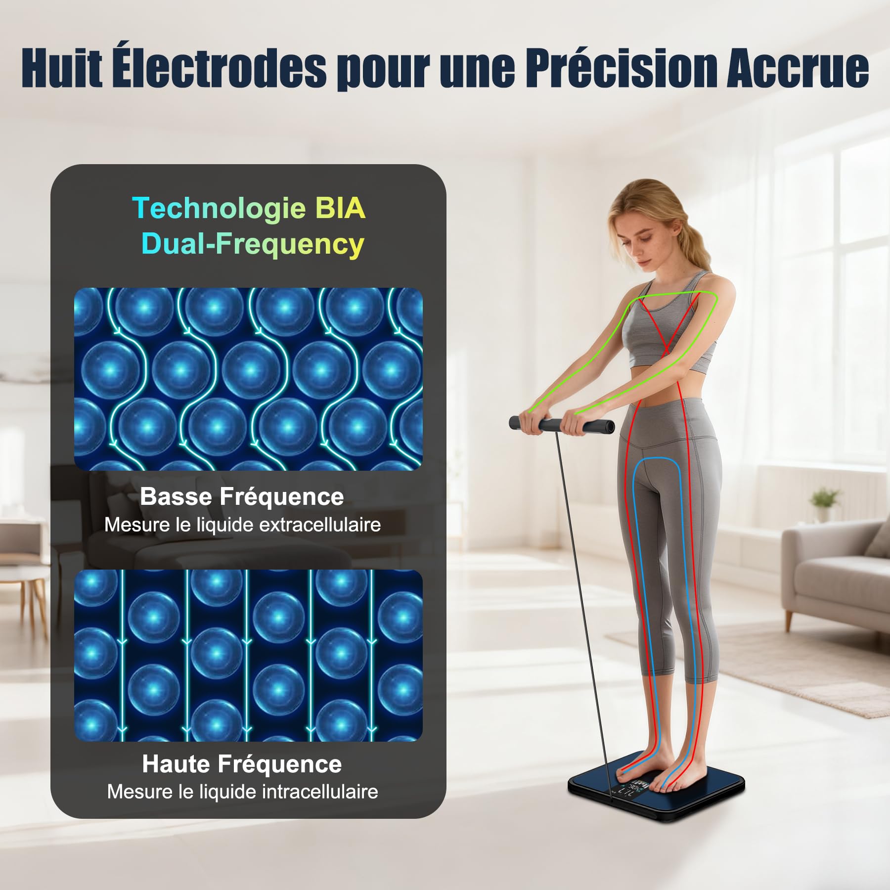 Balance Connectée Impédancemètre 8 Électrodes Professionnelle, Pèse Personne Masse Graisseuse et Muscle avec Poignée, 28 Mesures (Poids, IMC, Graisse), Grand Écran LED, Max 180kg/400lb