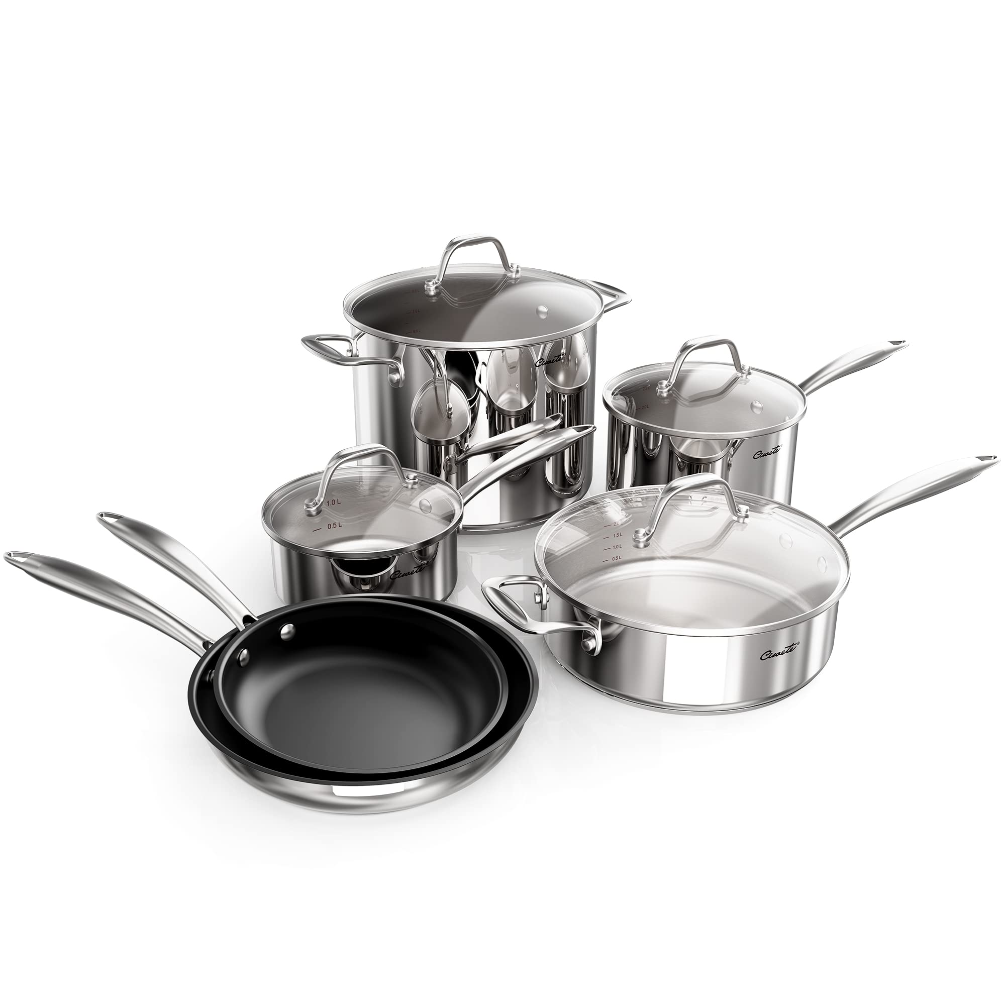 Ciwete Stainless Steel Pots and Pans Set 10 Piece, Kitchen Cookware Set with Nonstick Frying Pans and Glass Lids, Induction Cookware Set, Including 2 Saucepans, Sauté pan, 2 Frying Pans, Stock Pot