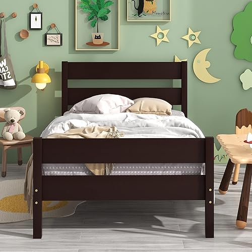 Miniatura 1 de Base de cama individual de madera con cabecero y estribo, base de colchón de plataforma individual con soporte de listones de madera para niñas y