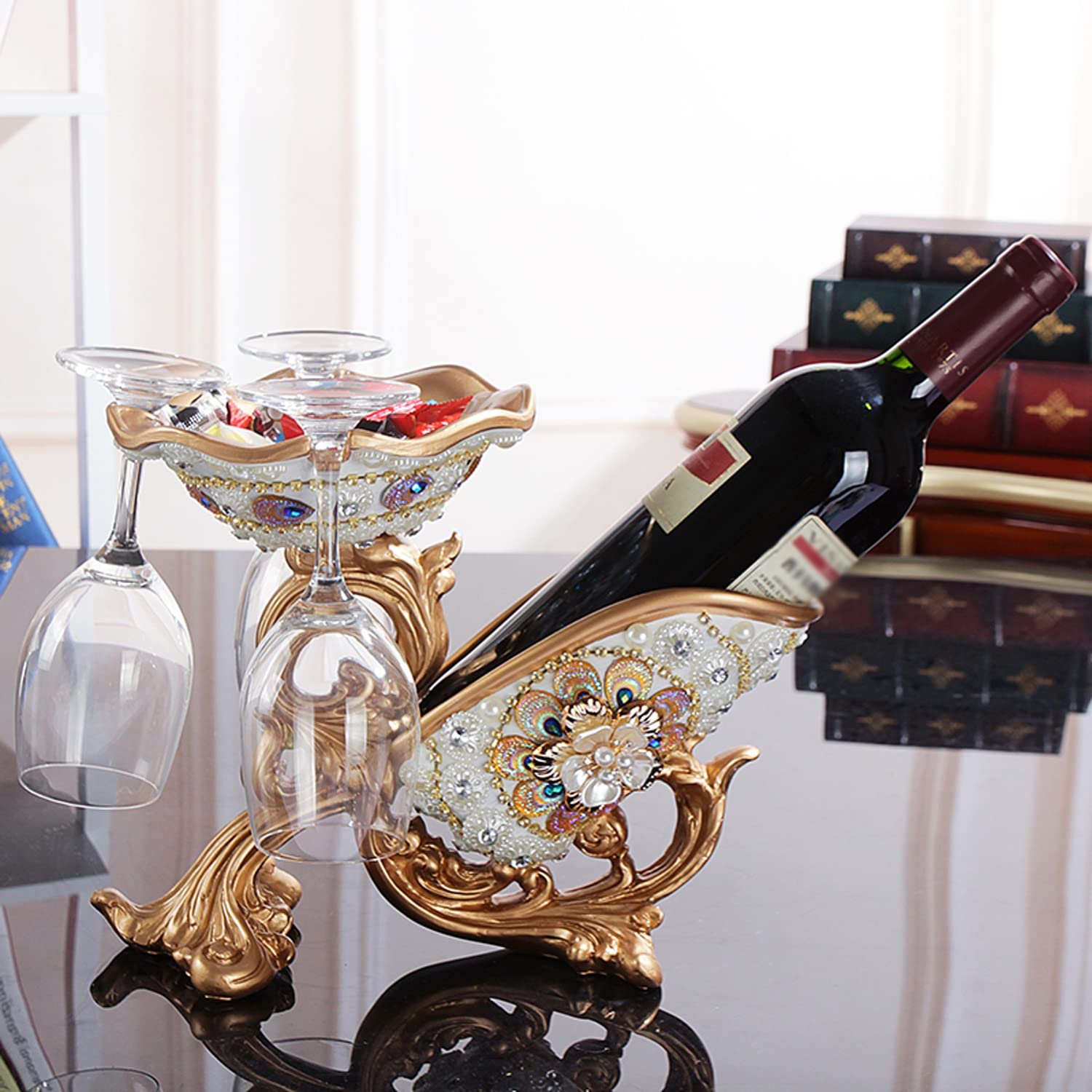 Portabotellas de Vino de Lujo, Soporte de Vino de Resina Exquisita con Orificio para Colgar de 3 Copas, Adorno de Ilustraciones de Mesa(C)