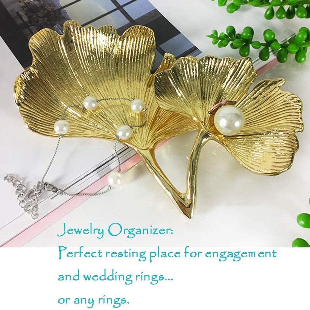 Plateau De Rangement Résine Feuilles Ginkgo Dorées - Élégant Vide-Poches Pour Clés, Bijoux, Bureau Ou Salon