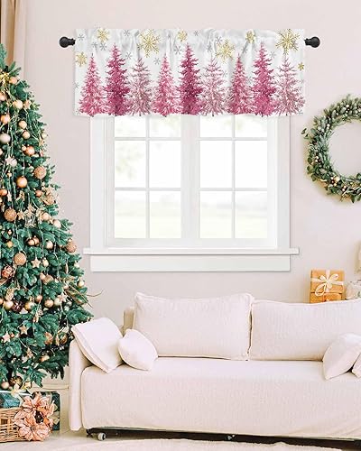 Miniatura 7 de TOUBE Cortina de cenefa para ventana, árbol de Navidad rosa, copos de nieve, cenefa de ventana con bolsillo para barra, cenefa de ventana para