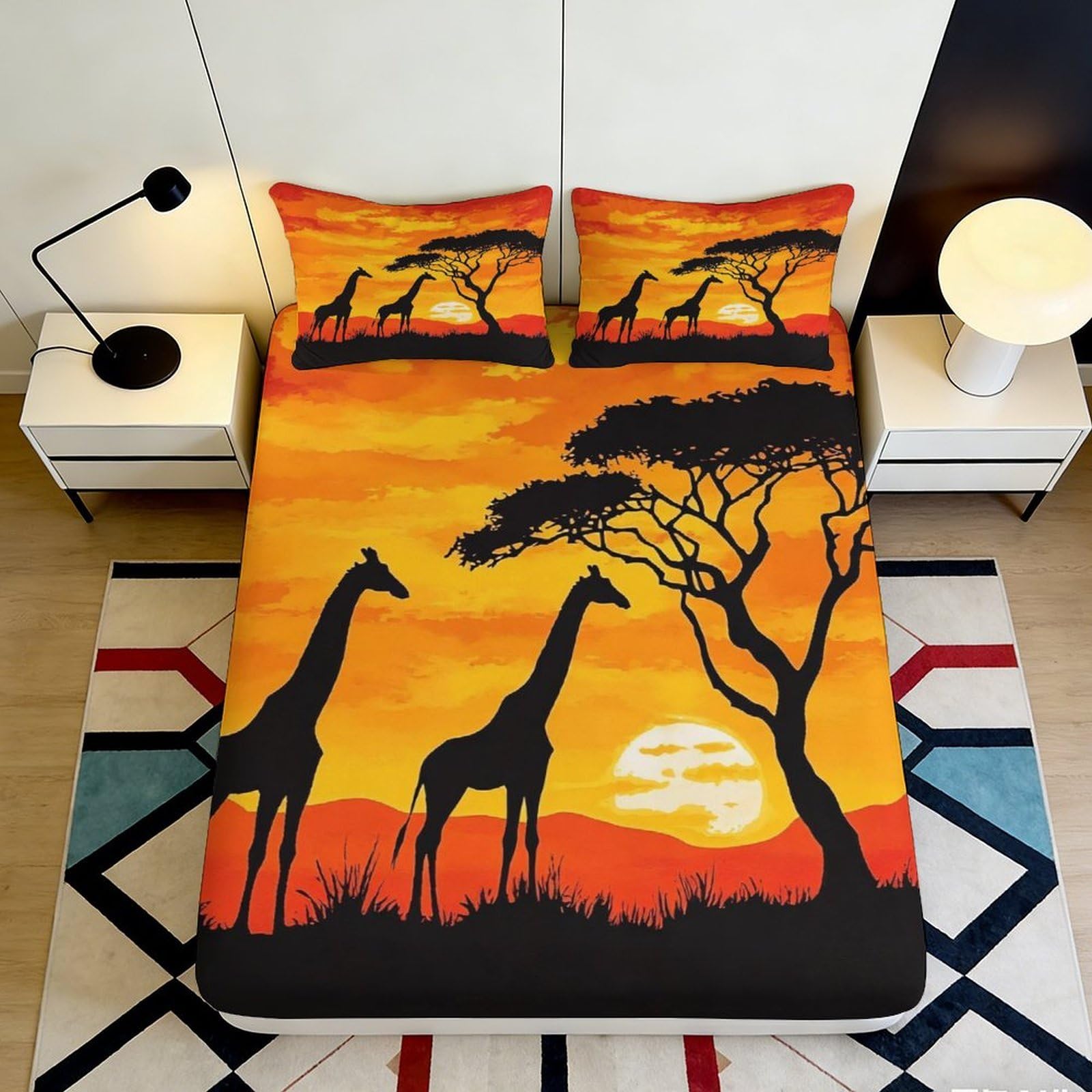 Zfldkwgb Style-7 3D Printed African Sunset Fitted Sheet Microfiber Soft Giraffe Silhouette Mattress Cover For Bedroom Guest Room Decor 90X200x25cm