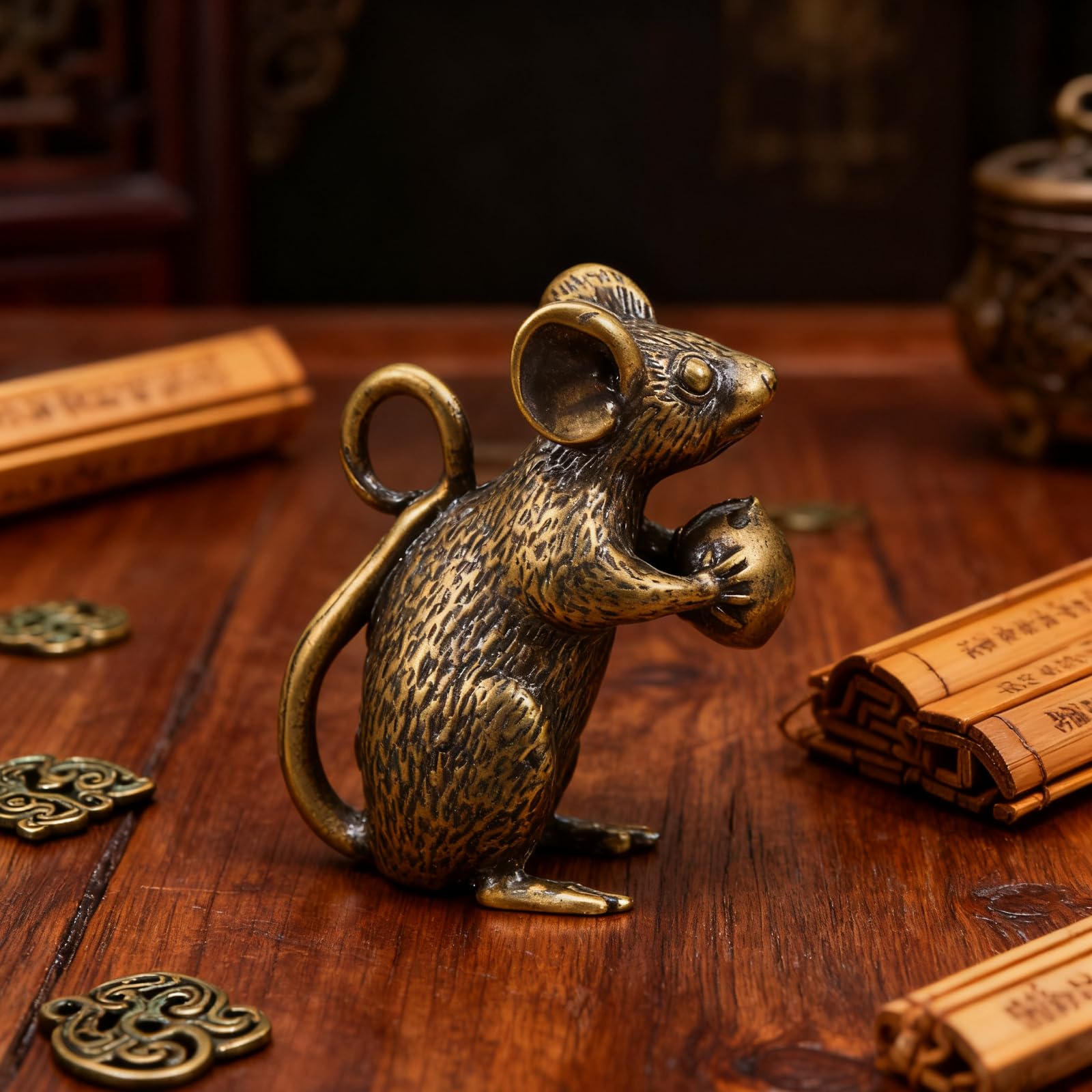 NUOBESTY Brass Mouse Figurine, 0.59x1.18x1.3inch Chinese Feng Shui Mouse for Home Decoration - Mini Lucky Rat Statue for Desk Ornament