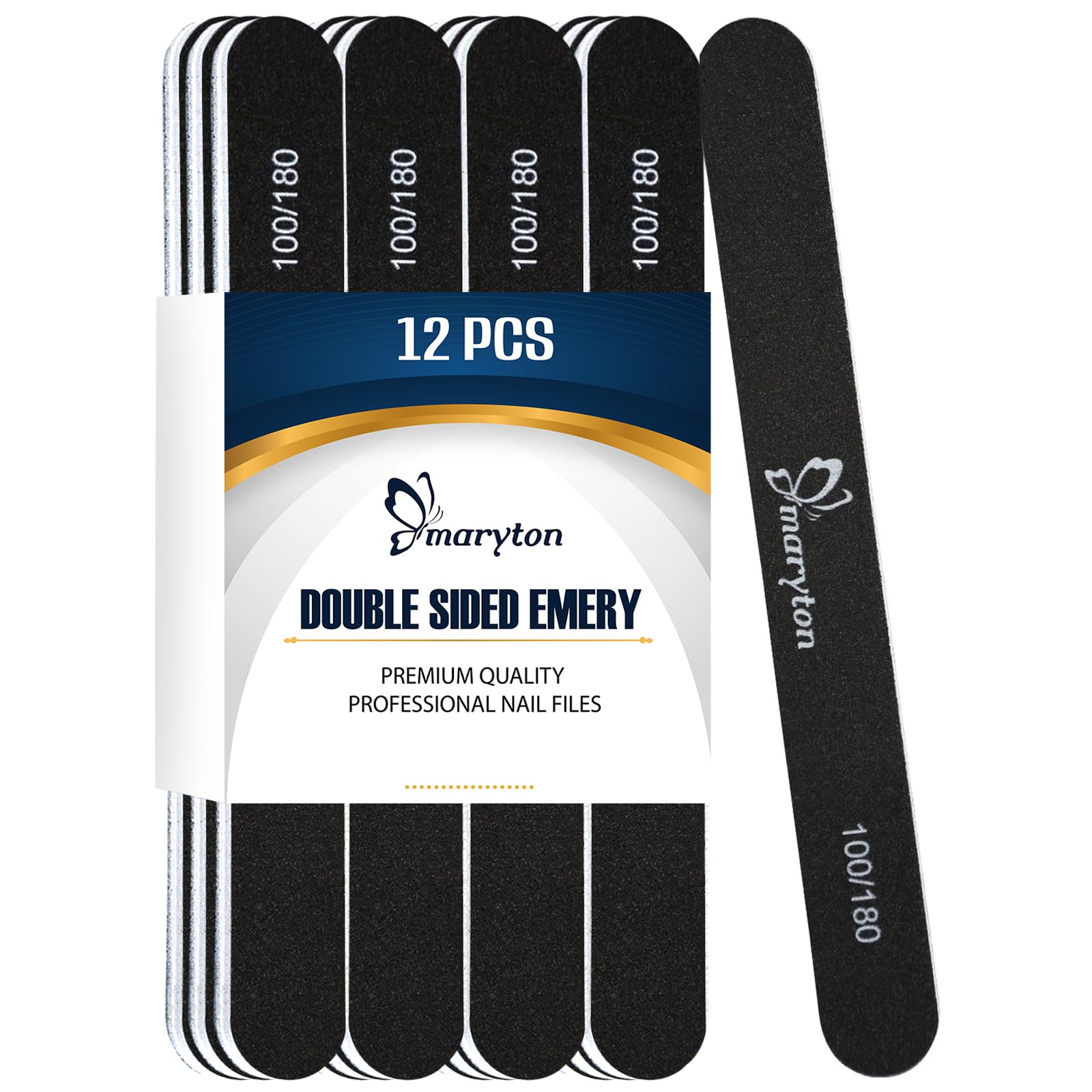 Maryton Nail File 100/180 Grit Emery Boards for Nails, Black, 12 PCS
