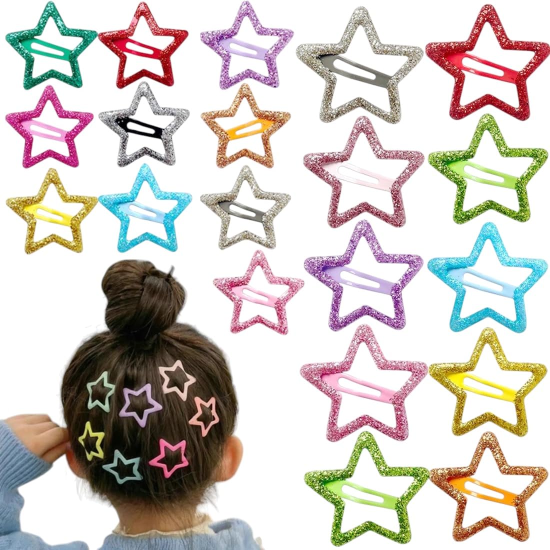 HONEY ACCESSORIES-20PCS Star Hair Clips, Assorted Color Snap Hair Clips,Star Glittery Hair Clips for Kids & Girls,Star-Shaped Tic Tac Clip For Baby Girls (Glitter)-picture-24