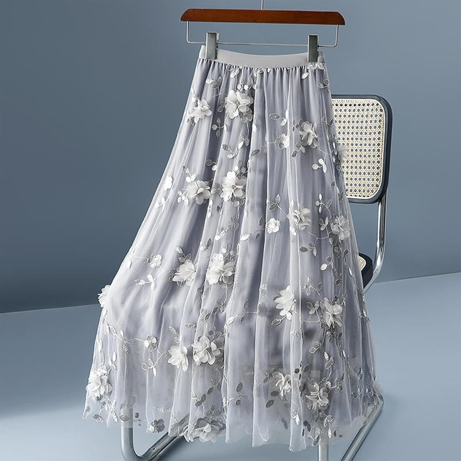Maxi Skirts for Women Elastic High Waisted A Line Long Layered Tutu Mesh Ruffles Tiered Embroidery Flowy Fairy Skirt