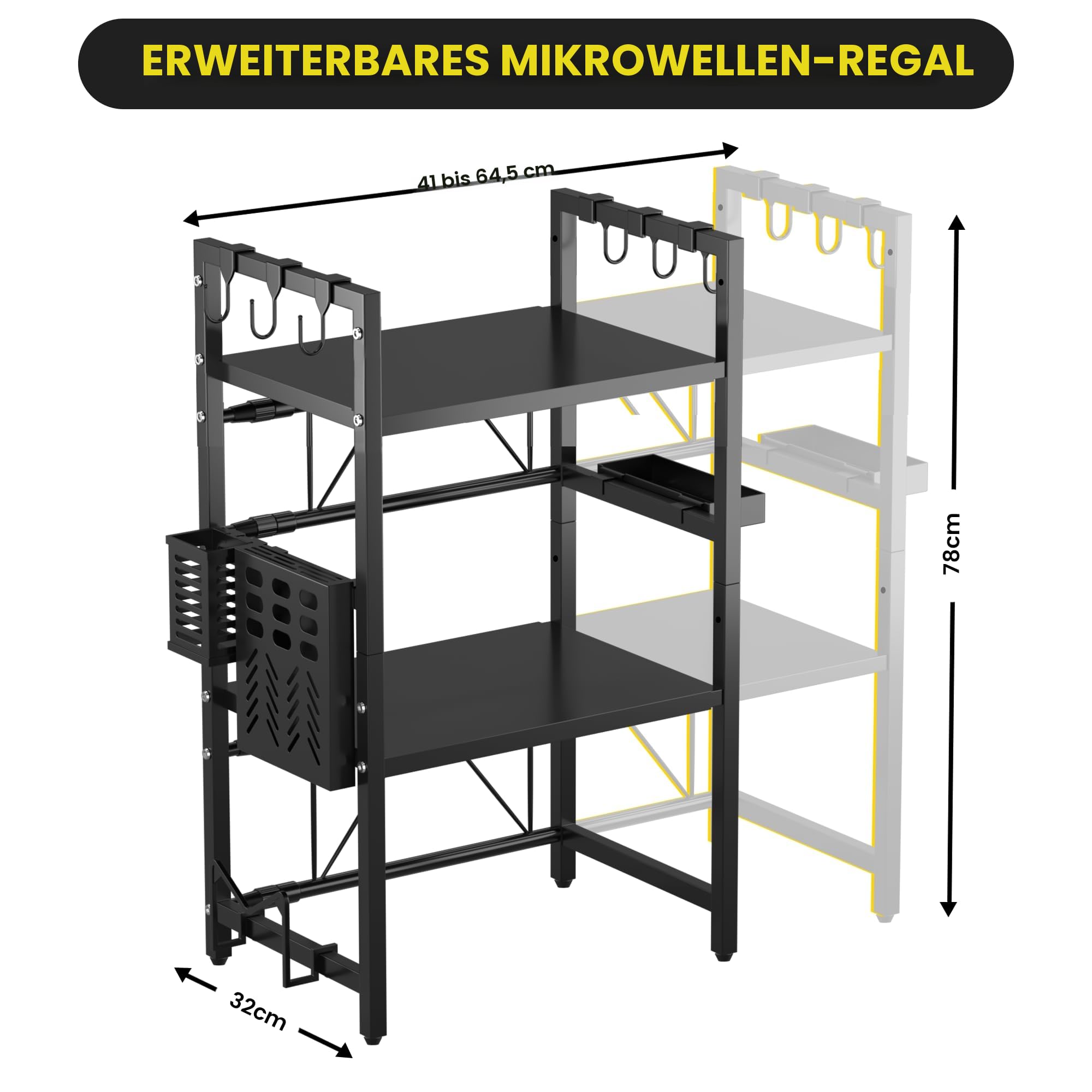 Ausziehbares 3-stöckiges Mikrowellenregal – 2 Regale, Mikrowellenständer für die Küchentheke – Gestell für Heißluftfritteuse, Toaster und Kaffeemaschine