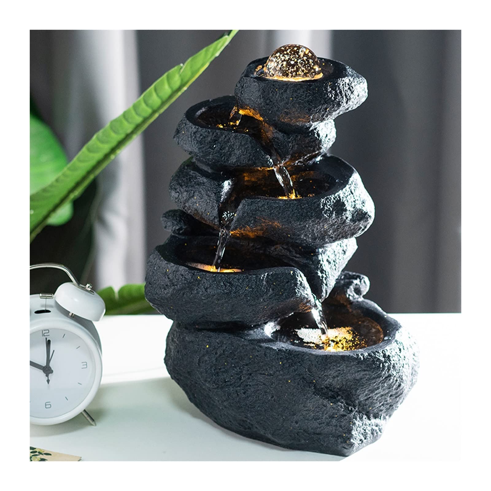 Fuente de Mesa para Interiores con Luces LED, diseño Decorativo de Roca escalonada y Cascada, Sonido de Agua Suave y Relajante, Fuente de Agua pequeña de 35 cm (13,7 Pulgadas), Col,Black