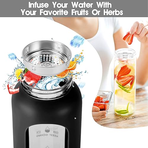 Miniatura 4 de Botella de agua de vidrio de 32 onzas con pajilla, marcador de tiempo motivacional y funda de silicona, vaso reutilizable que incluye 2 tapas de