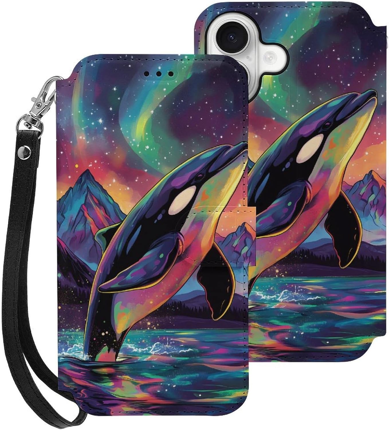 Fantasy Killer Whale Artistic Aurora Compatible with iPhone 16/16 Plus/16 Pro/16 Pro Max/16 E Case Phone Wallet Card Holder Flip Cover with Wrist Strap
