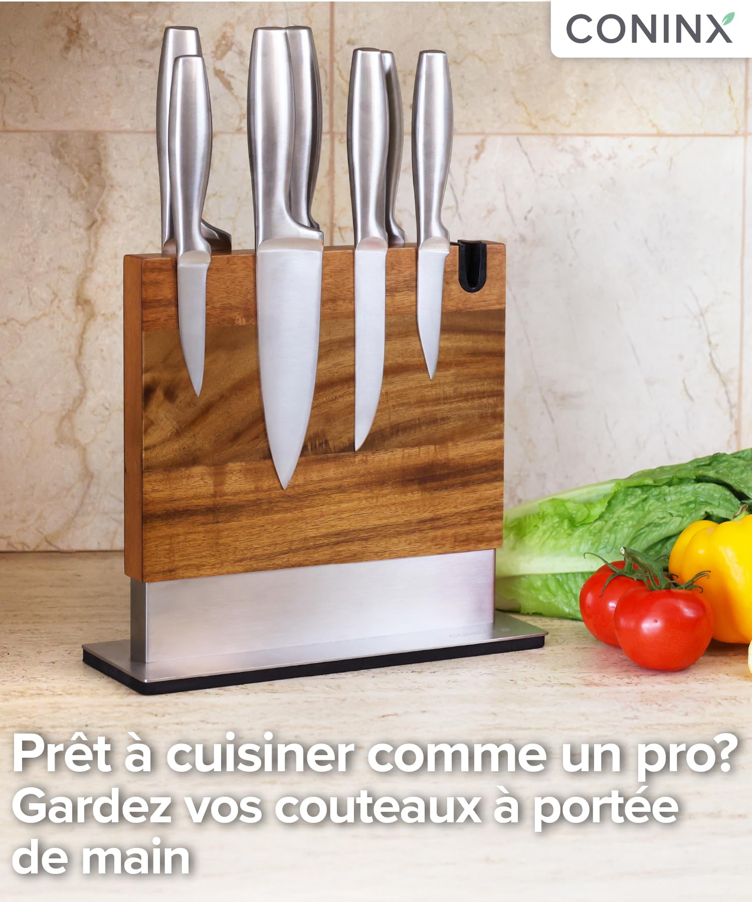 Coninx Bloc à Couteaux Magnétique avec Aiguiseur intégré – Porte-couteaux Aimanté Double Face en Bois d’Acacia – Support universel avec Base Antidérapante pour Plan de Travail de Cuisine