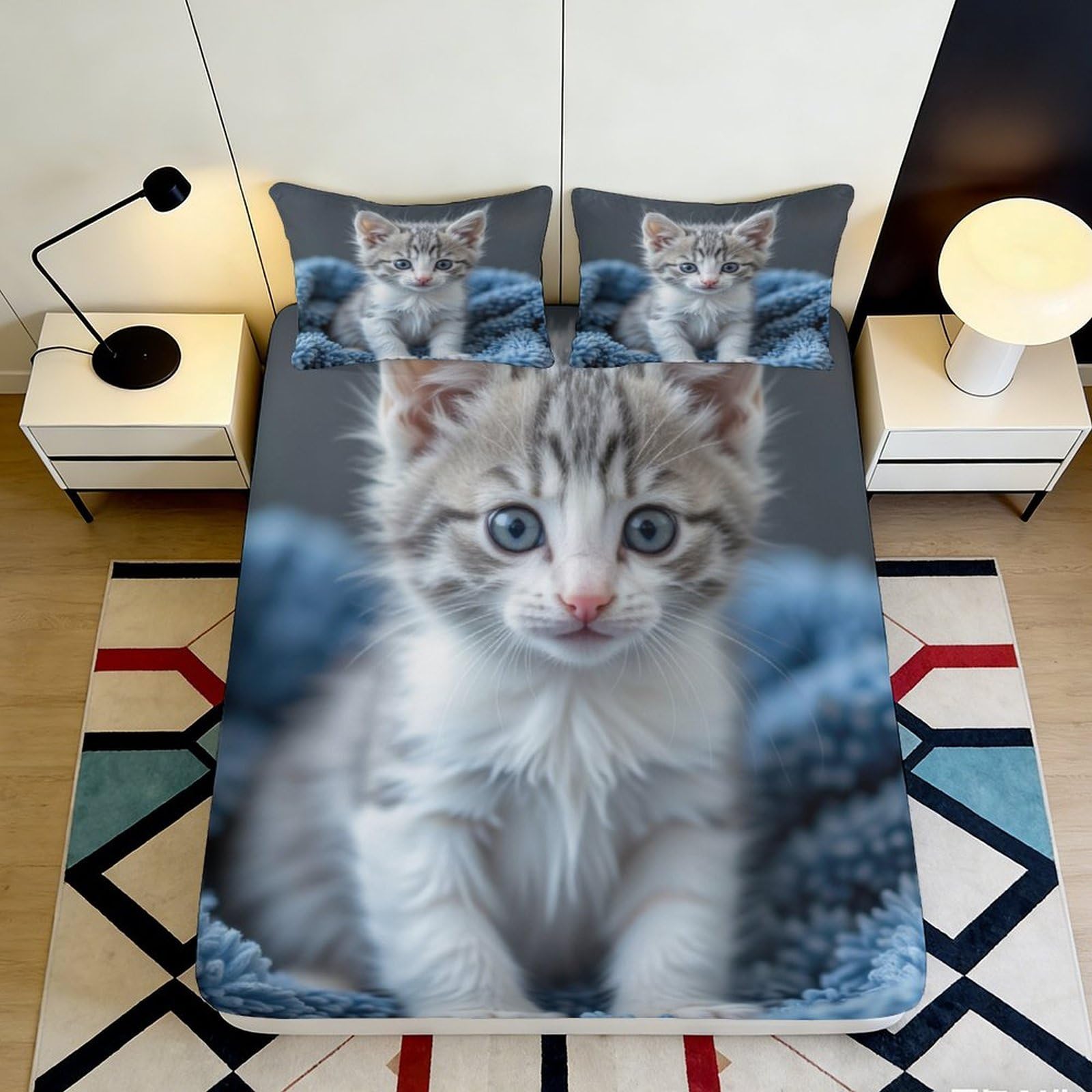 3D Printed Cute Kitten Fitted Sheet Microfiber Soft Grey Blue Cat Mattress Cover for Bedroom Guest Room Decor 180x200x25cm