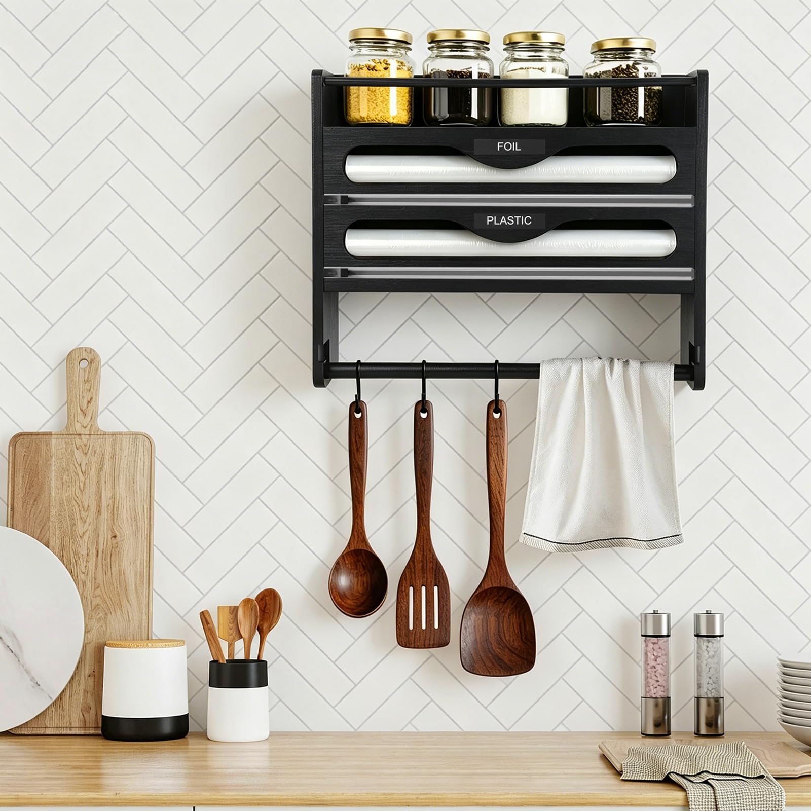 Portarrollos de cocina de madera 4 en 1 con dispensador de láminas y cortador, montaje en pared, soporte extraíble para rollo de cocina, papel de aluminio, film transparente, estante integrado