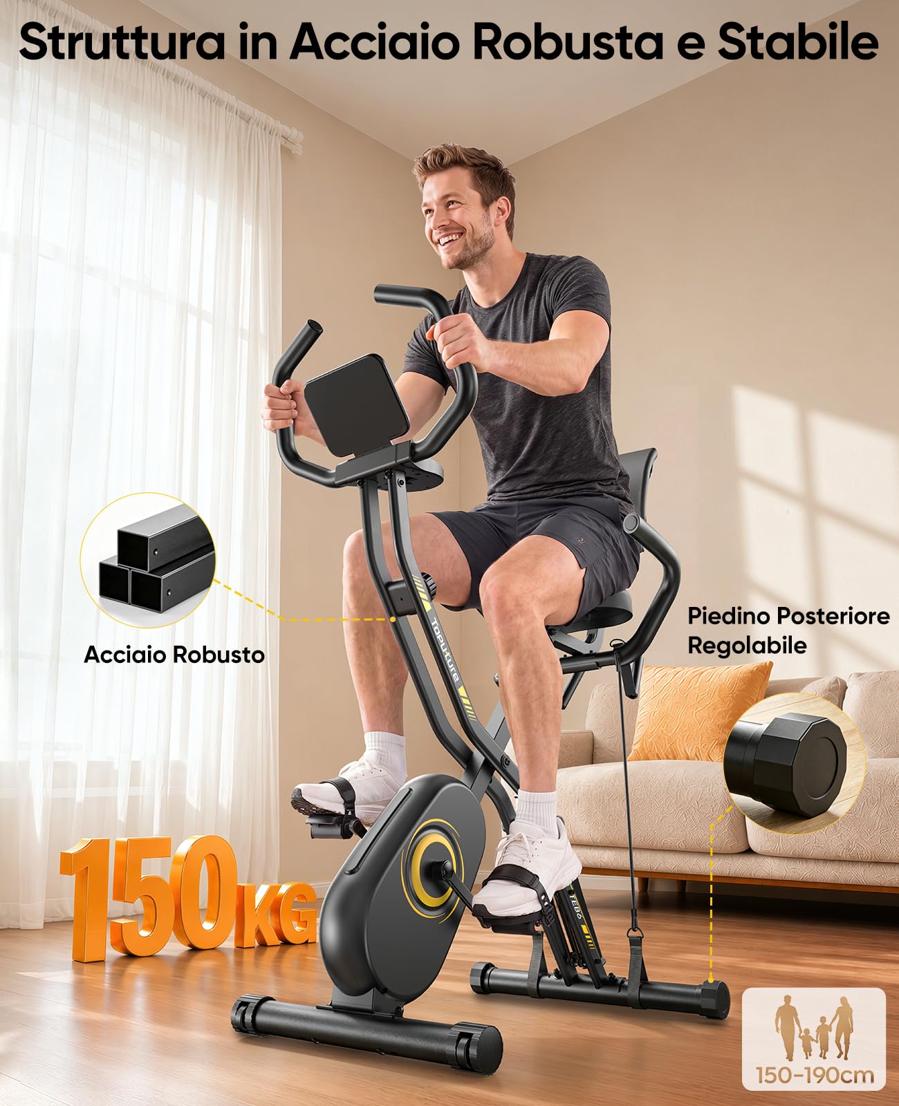Nuova Toputure Cyclette da Casa Pieghevole con APP, Cyclette Pieghevole 5 in 1 con 16 Livelli di Resistenza, Display LCD e Cardiofrequenzimetro, Fasce Elastiche, Ultra Silenziosa, Portata 150 kg