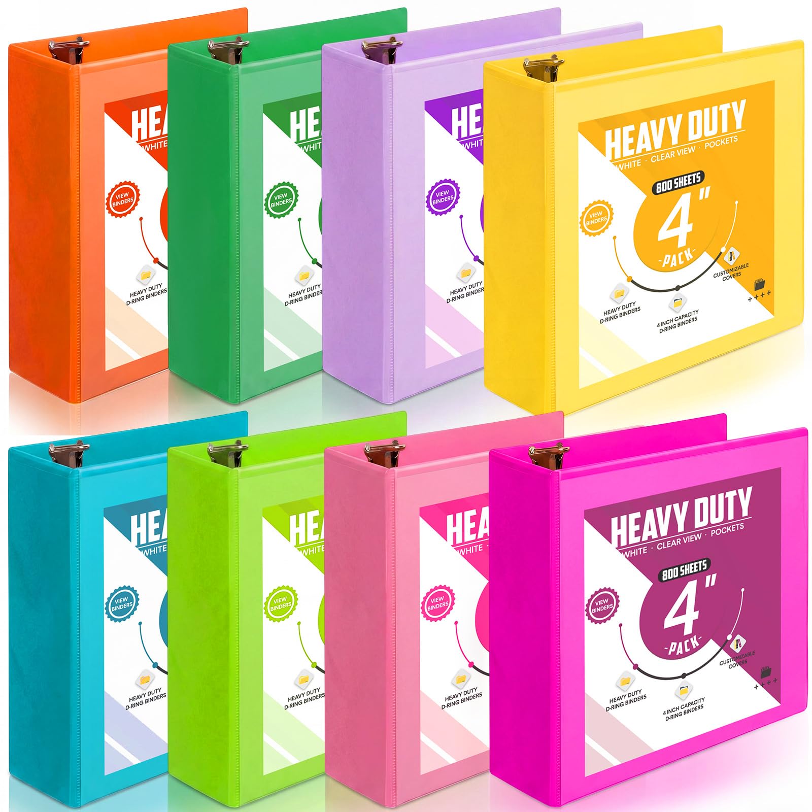 Sinload 8 raccoglitori a 3 anelli, capacità 10 cm, con tasche grandi, 21,6 x 27,9 cm, cartella per presentazioni, con copertina trasparente, per documenti, file, progetti, multicolore