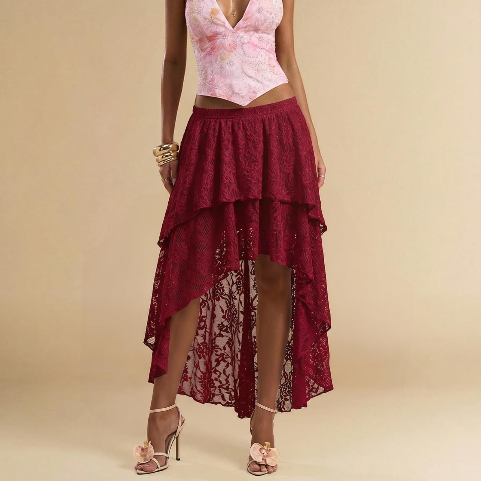 Générique Jupe Longue à Volants en Dentelle et Tulle superposés pour Femme, Coupe trapèze, Style bohème, Ourlet Tendance, idéale pour Les Sorties. (Burgundy,Grand)