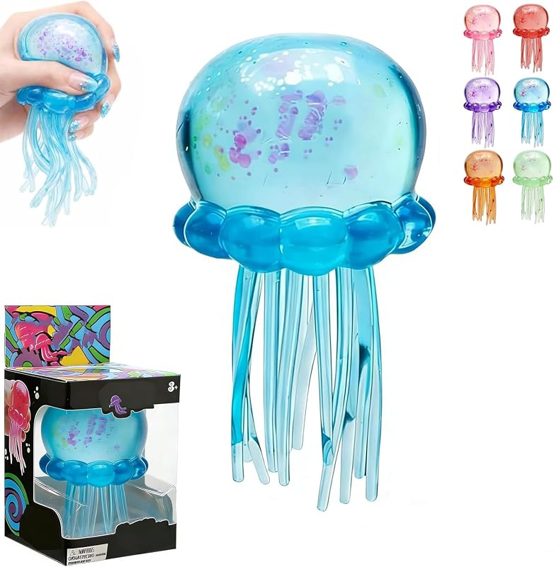 Glitter Jellyfish Squishy Toy, 2026 Stress Relief Fidget Toy for Kids & Adults, Soft TPR Sensory Toy with Wiggly Tentacles, Portable Anxiety Relief Squeeze Ball for Office, School (Blue)