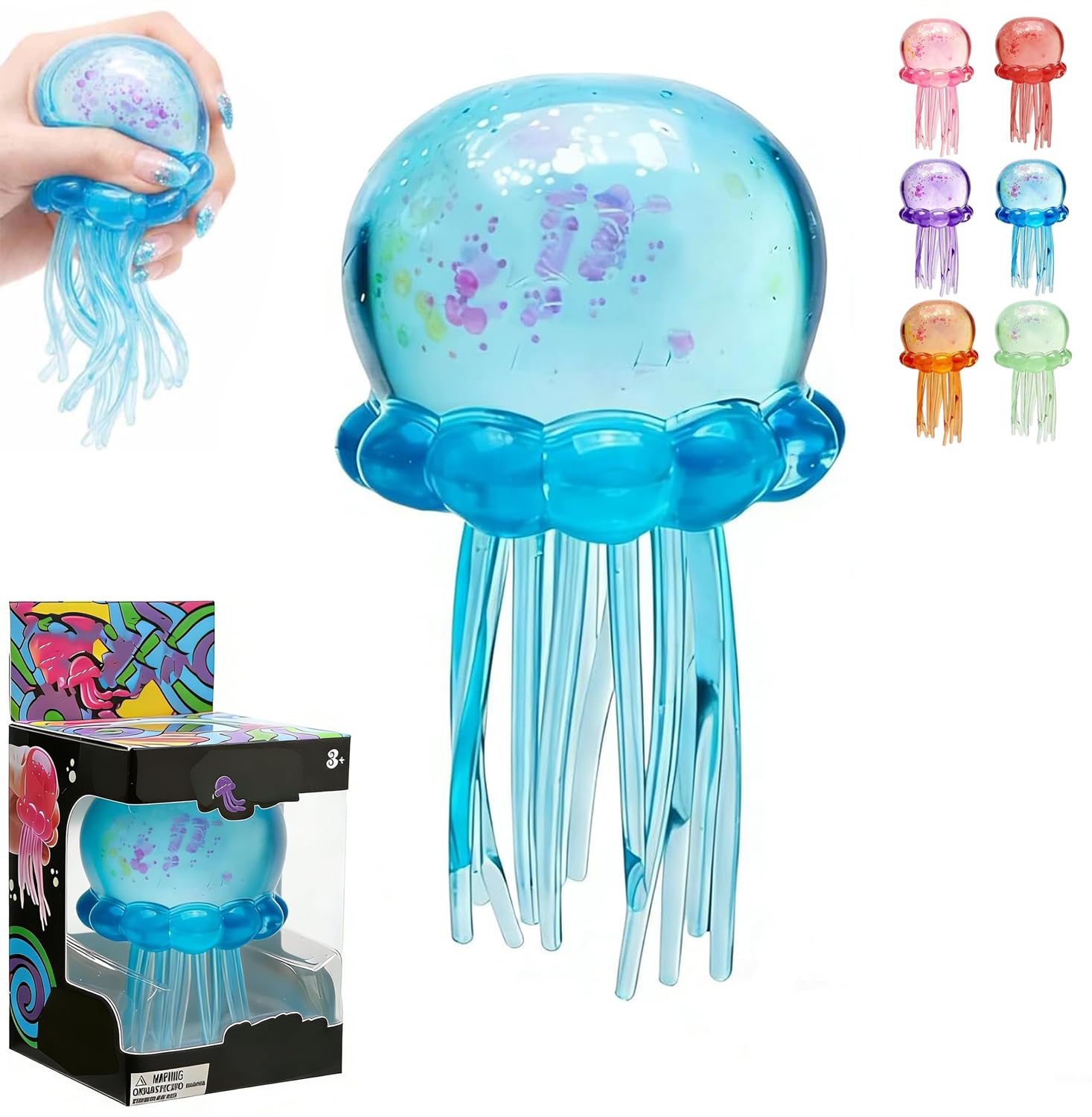 Glitter Jellyfish Squishy Toy, 2026 Stress Relief Fidget Toy for Kids & Adults, Soft TPR Sensory Toy with Wiggly Tentacles, Portable Anxiety Relief Squeeze Ball for Office, School (Blue)