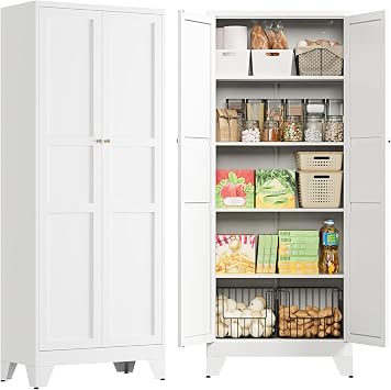 PEUKC 75" Farmhouse Metal Storage Cabinet with Doors and 4 Adjustable Shelves, Large Pantry Organizer for Kitchen, Dining Room, and Living Room,Assemble RequireWhite