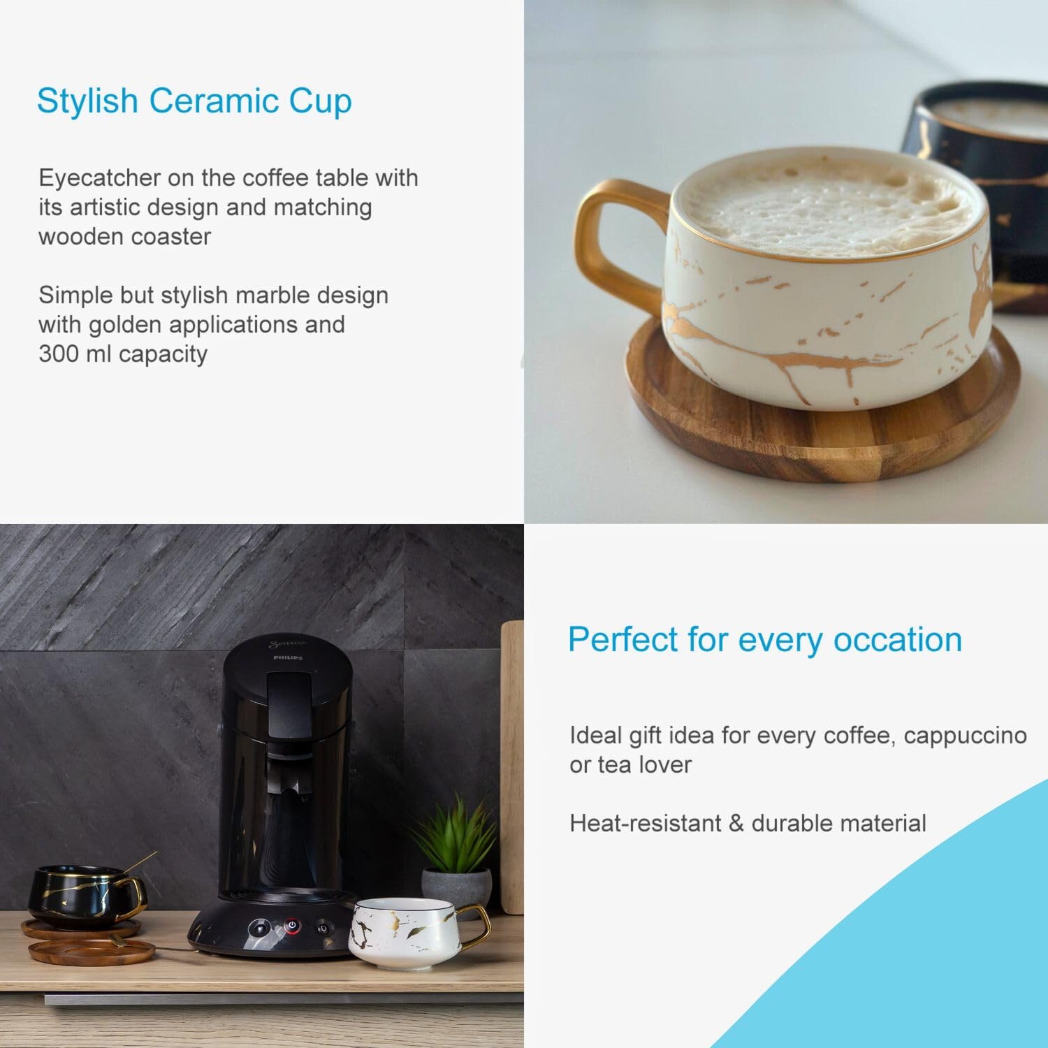 INTIRILIFE Tassen Set 4er – Keramiktassen im Marmor Design Weiß mit Gold – 200 ml bis 300 ml – Kaffeetassen mit Holzuntersetzer – Teetassen Geschenkidee für Kaffee Tee Kakao Milch-Trinkbecher