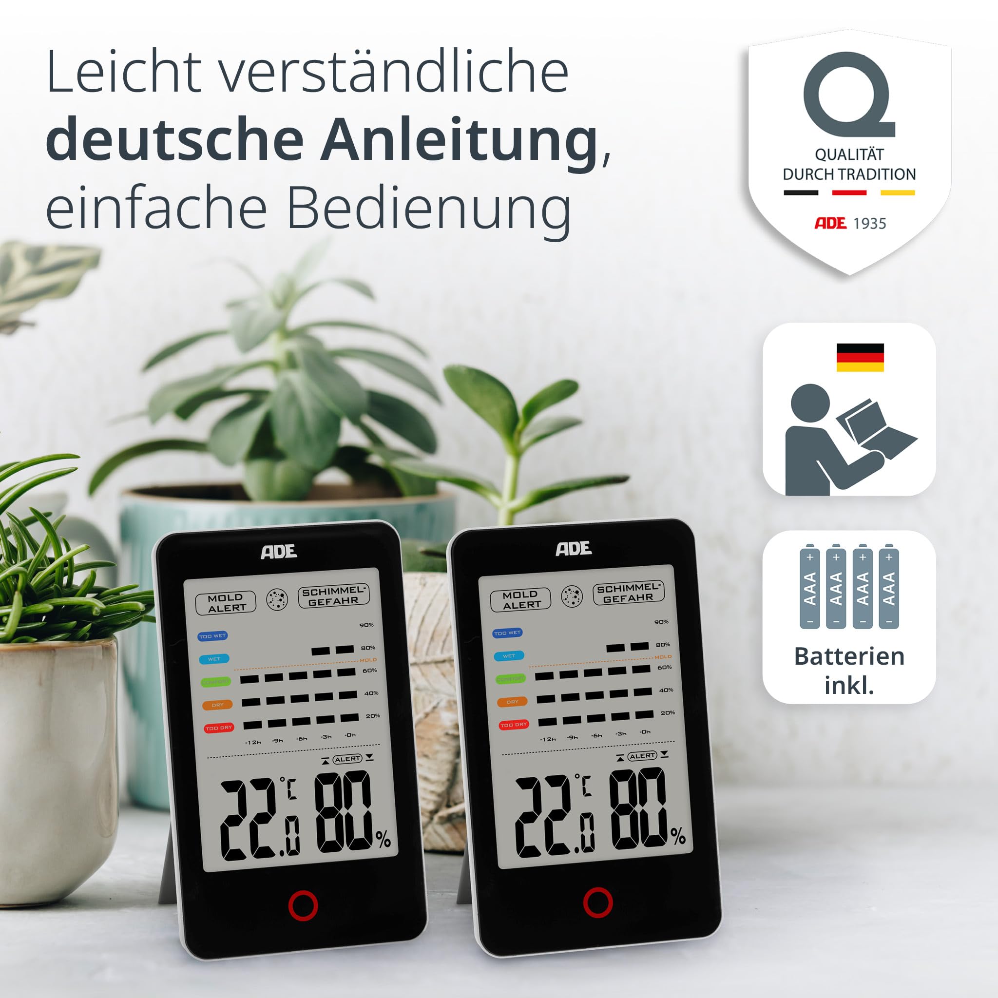 ADE Digitales Hygrometer innen mit Schimmelalarm | Feuchtigkeitsmessgerät mit Thermometer | Temperatur und Luftfeuchtigkeitsmesser | großes LCD-Display | Doppelpack | schwarz