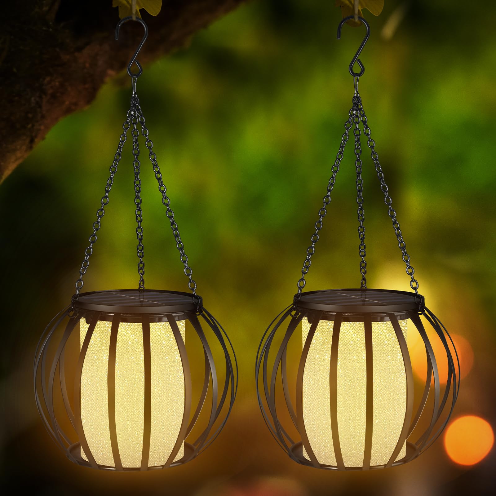 LarekookSolar Lanterns Outdoor - 2 Pack Upgraded Outdoor Solar Lanterns Waterproof Hanging Metal Cage Wall Lamp with Crystal Lighting Effect Solar Lights for Garden,Patio,Yard,campings