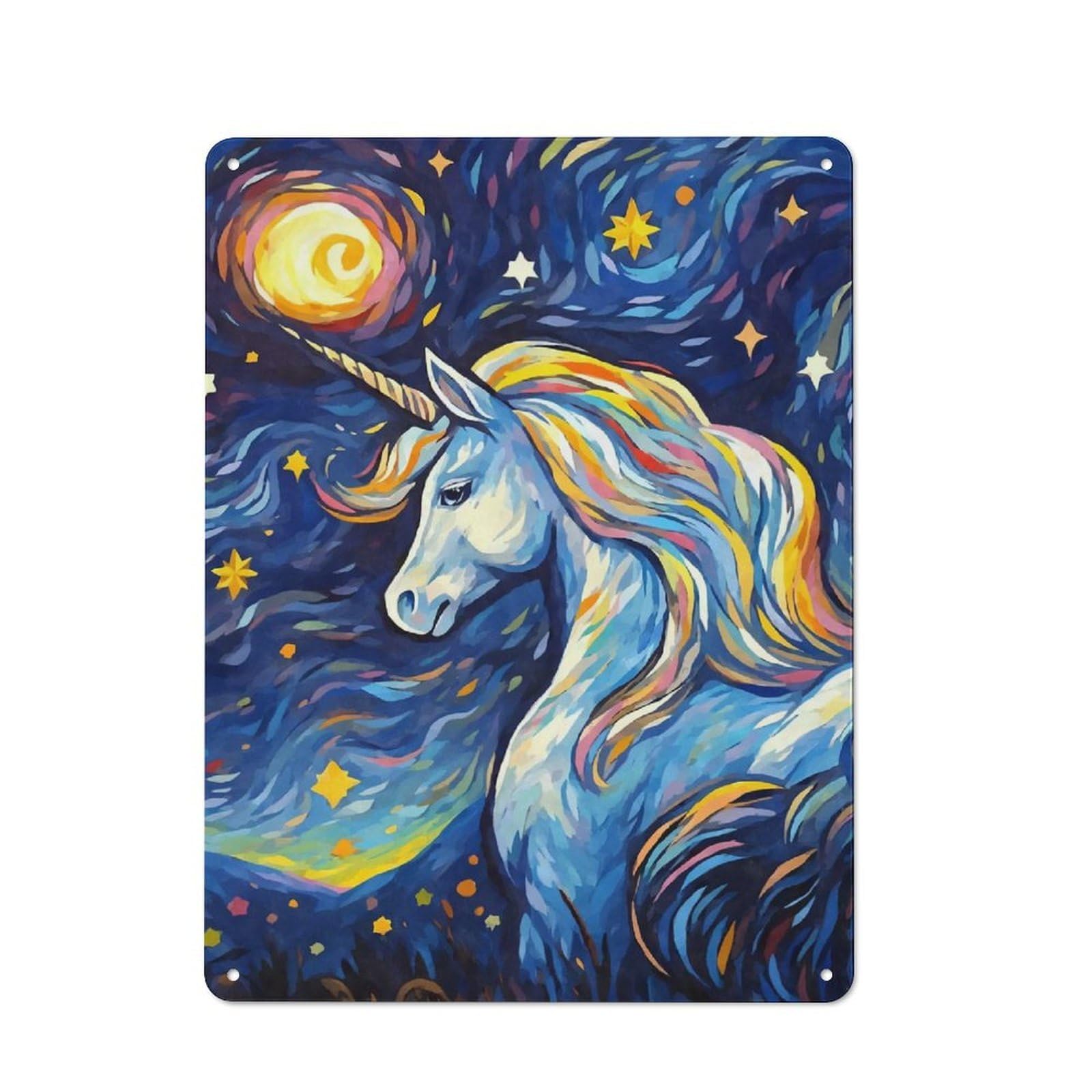 Junmoney Style Cute Starry Night Unicorn Printed Metal Sign 40X30cm For Lounge Or Reading Corner, A Winter Wall Decor Update For Reading Corner Decorators