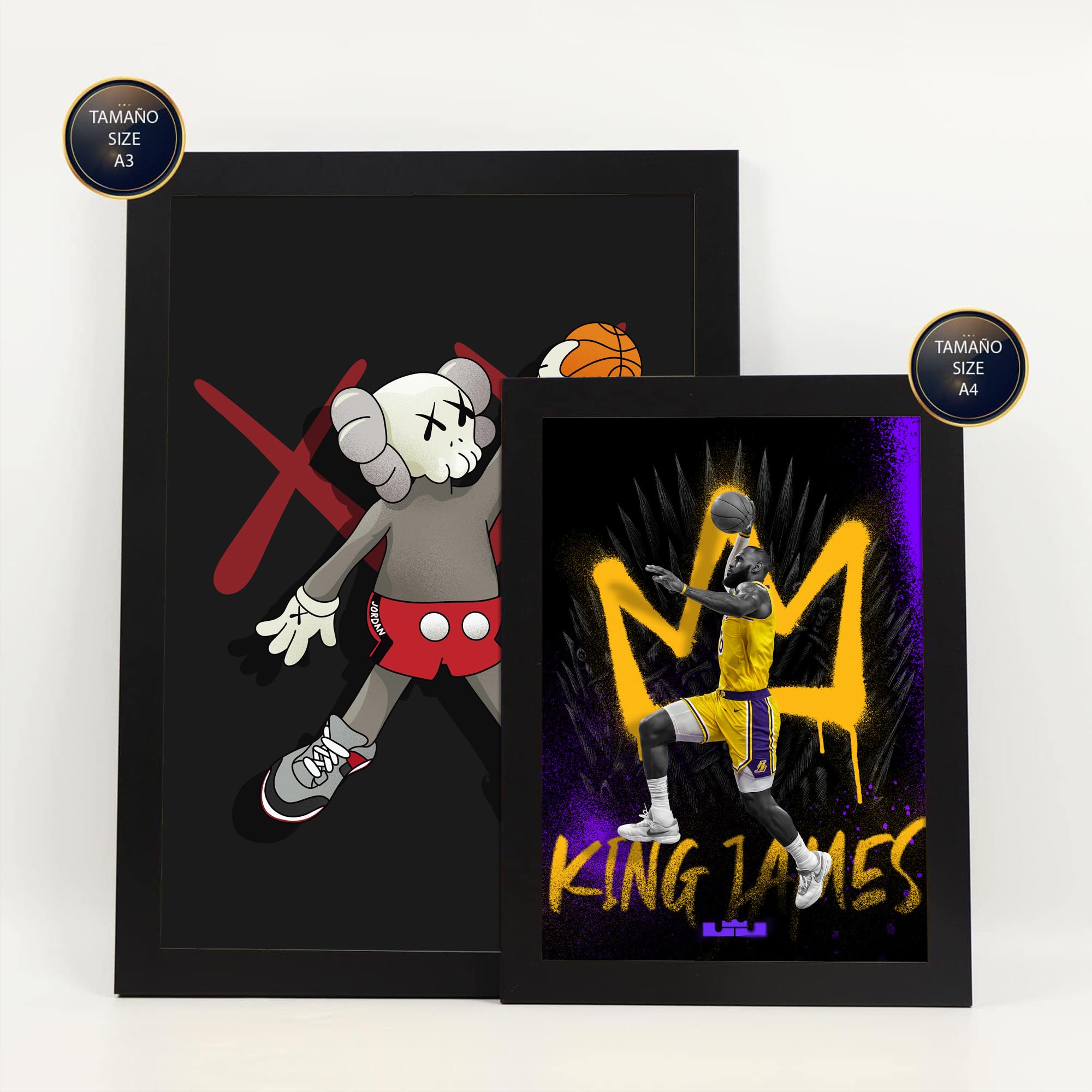 Nacnic Set de 6 Iconic Basketball KIng James Jordan Nike Cuadros con ilustración de diseño para decorar las paredes del hogar. Habitación, oficina, tienda. A3 y A4. Marco negro