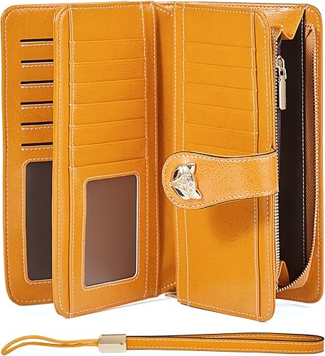 Miniatura 2 de FOXLOVER Carteras RFID para mujer de gran capacidad de cuero con tarjetero de crédito con pulsera Azul Peacock Blue Clásico