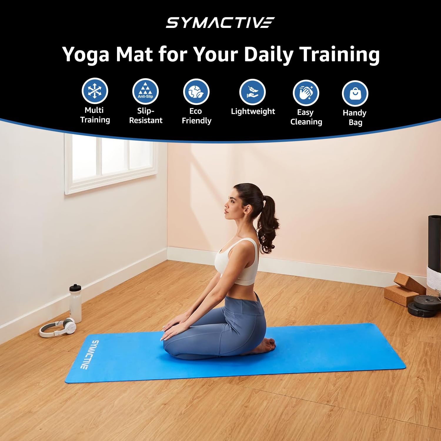 Amazon Brand - Symactive 4mm Anti-Skid Lightweight Sweat/Dirt Proof EVA Yoga Mat for Gym & Outdoor Workout for Men/Women (Blue) 1
