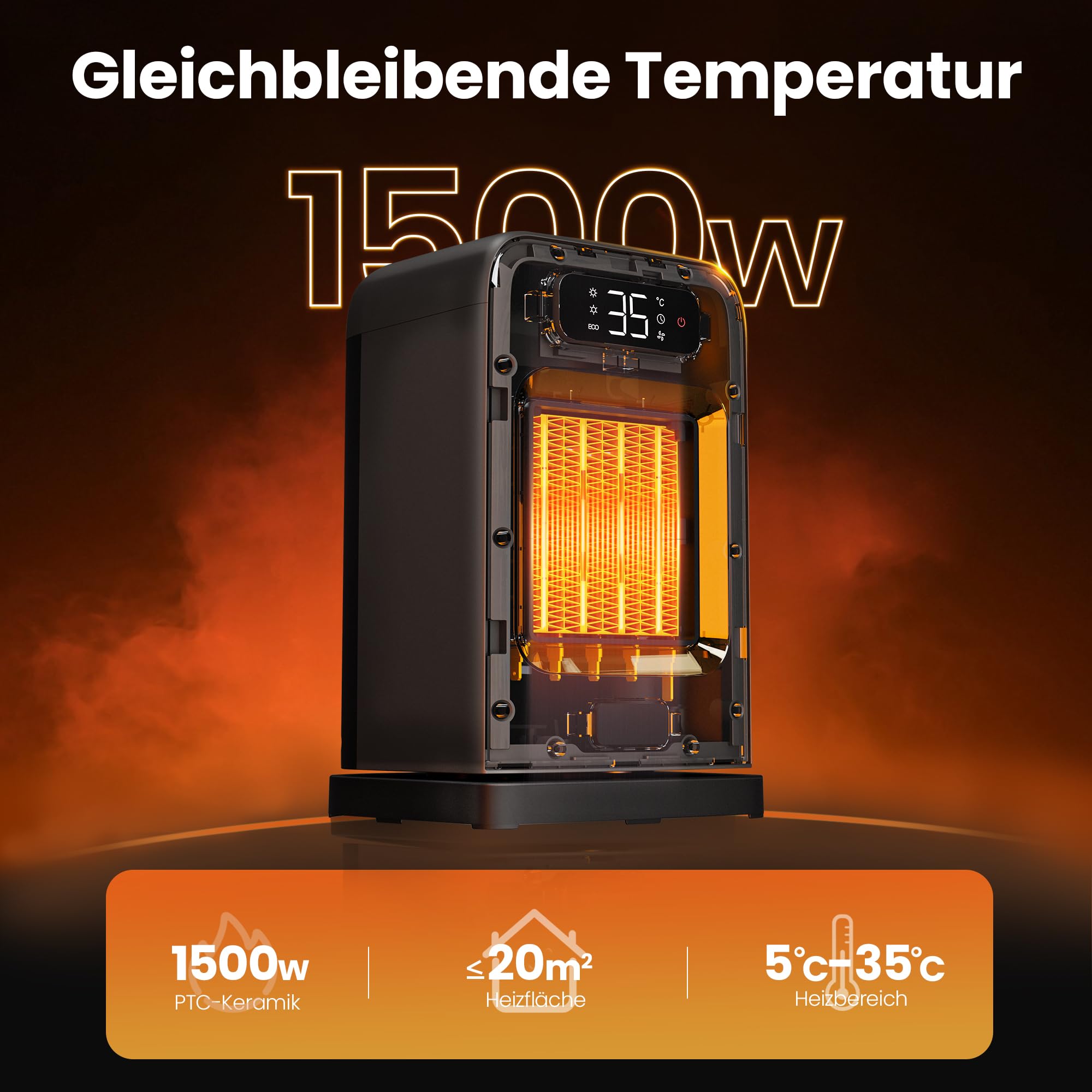 FLANUR Termowentylator energooszczędny, 1500 W PTC ceramiczny termowentylator z termostatem i trybem ECO, termowentylator 2 w 1, wyświetlacz cyfrowy, timer 12-godzinny, cichy grzejnik elektryczny 35