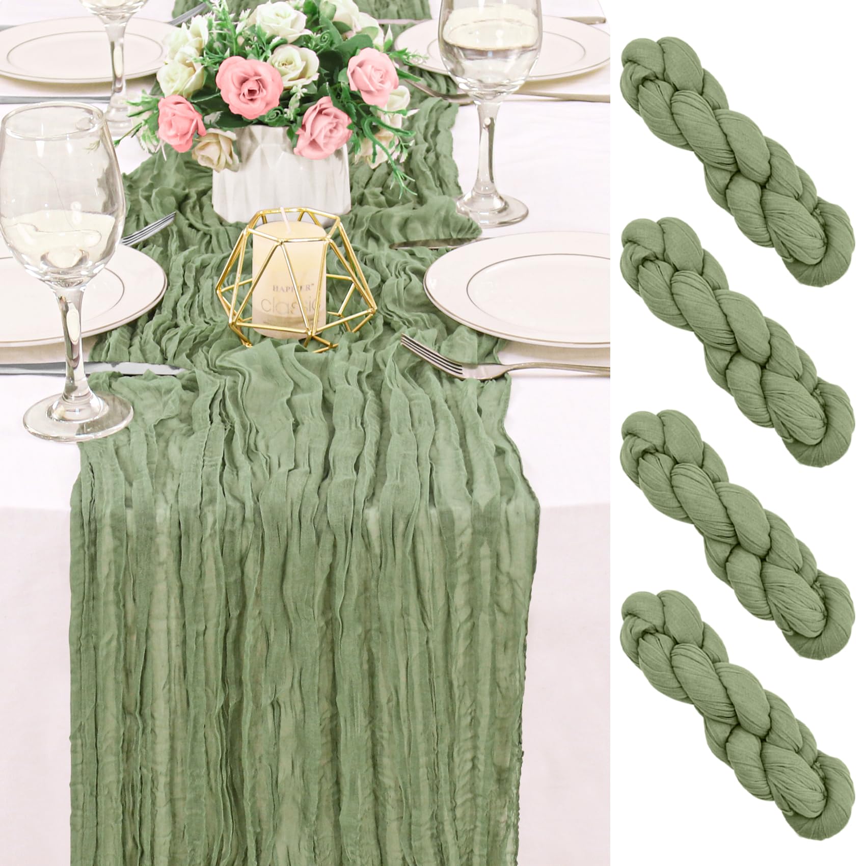 Photo 1 of 2 Pack 120 Inch Sage Green Cheesecloth Table Runner Boho Rustic Gauze Sheer Romantic 10 FT Long Cheese Cloth Table Runner for Bridal Baby Shower Wedding Party Birthday Holiday Home Easter Decor