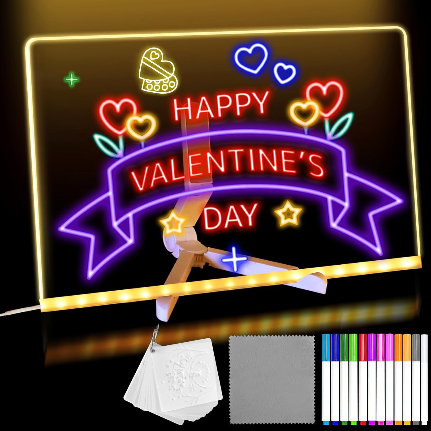 Lumiboard LED Drawing Board, Light Up Acrylic Dry Erase Board 11.8x7.9” with Stand, LED Note Board with Colors, Acrylic Message Writing Board with Light, Drawing Stencils Set Included